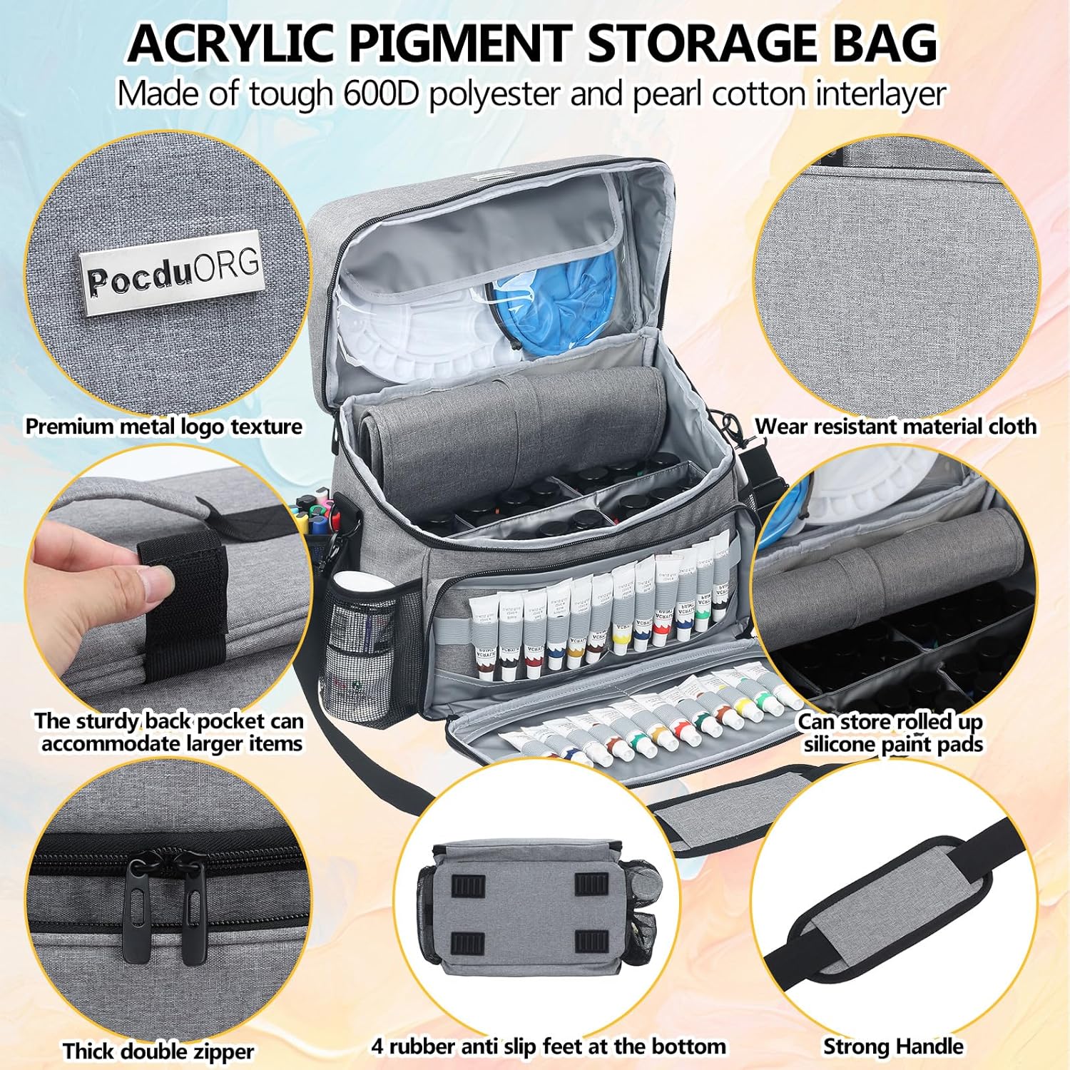 Acrylic Paint and Brush Set Organizer Bag - Carrying Case Compatible with Apple Barrel, Shuttle Art, Caliart Art Supplies - Includes Detachable Paint Brush Holder - for Home/Travel/Outdoor (Pro Gray)