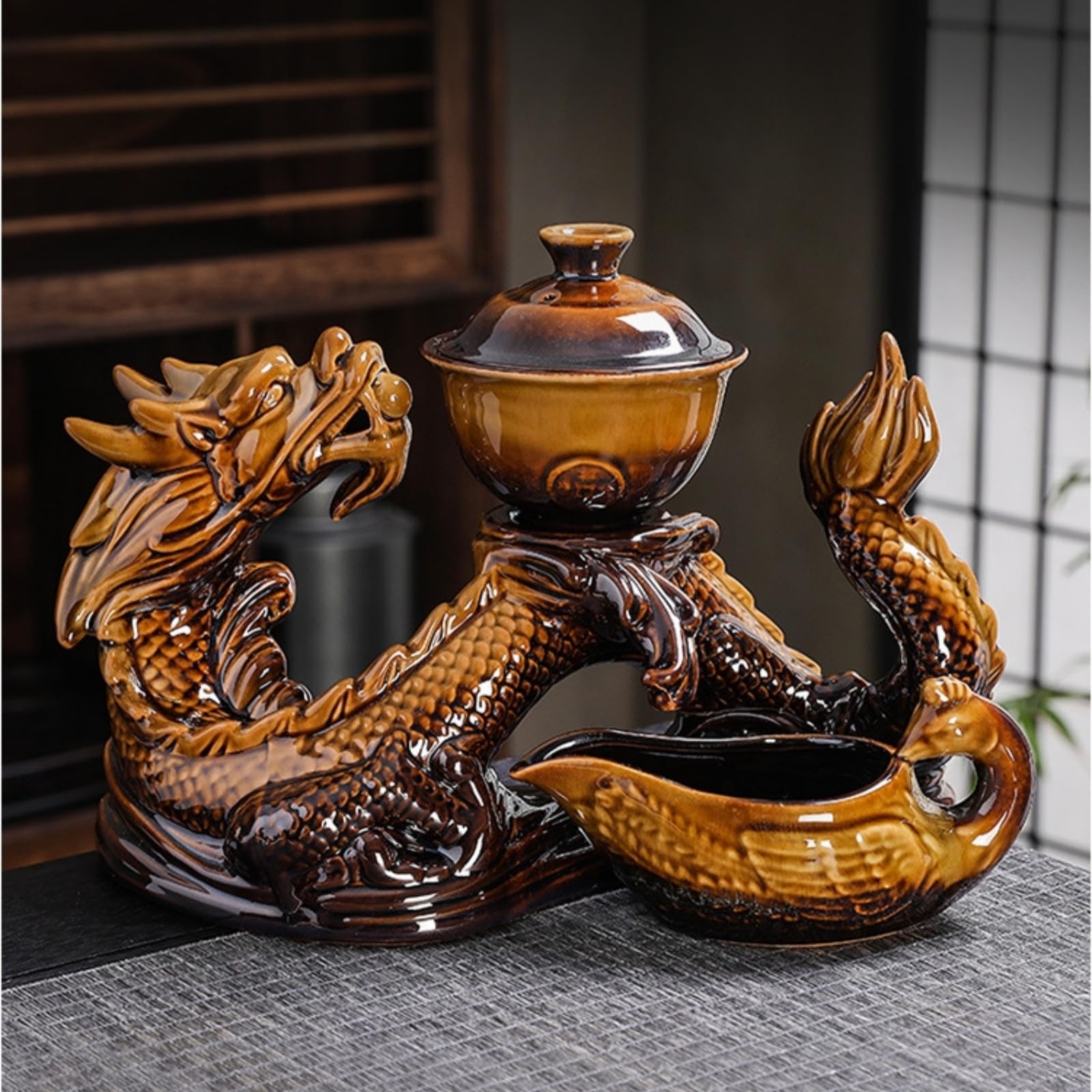 Chiński zestaw do herbaty Gongfu – ceramiczny czajniczek z zaparzaczem, 8 filiżanek, półautomatyczny, z motywem smoka do herbaty liściastej