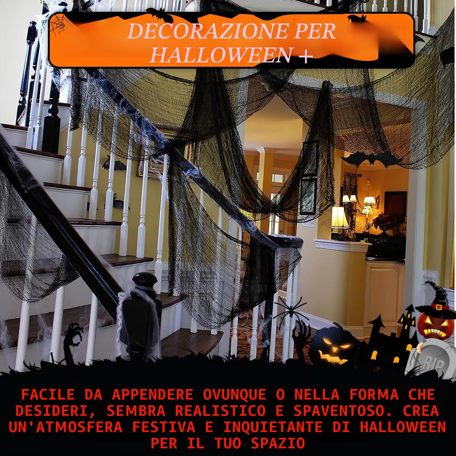5 Pezzi Tessuto Nero Halloween 76 x 183 cm, Garza Nera Horror per Atmosfera Mistica, Ideale per Porte, Sale, Balconi e Finestre, Decorazioni di Halloween