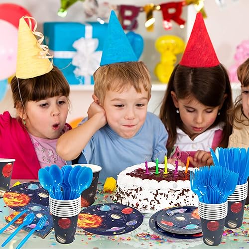 Miniatura 6 de Suministros para fiesta de cumpleaños del espacio exterior, juego de vajilla desechable para fiesta espacial, platos de papel, tazas, servilletas,