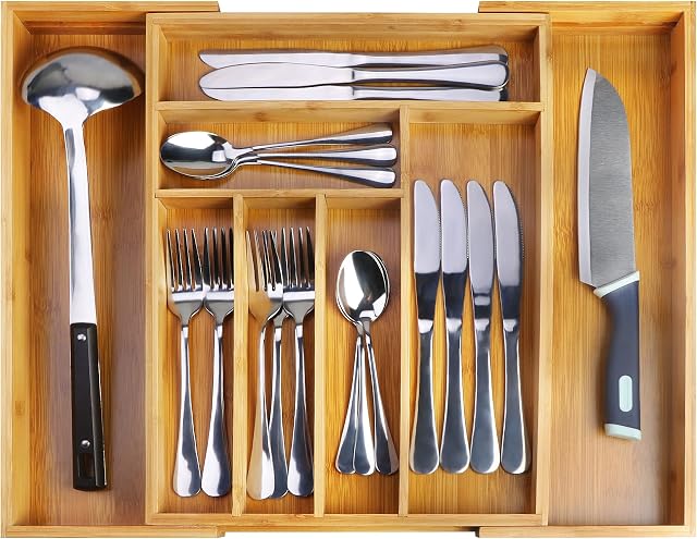 KAKUNM Bamboo Kitchen Drawer Organizer, Silverware Tray Desk Drawer Organizer Wood Drawer Dividers Organizer with 2pcs Insulation Pads in Kitchen, Bedroom, Living Room Expandable Adjustable Cutlery