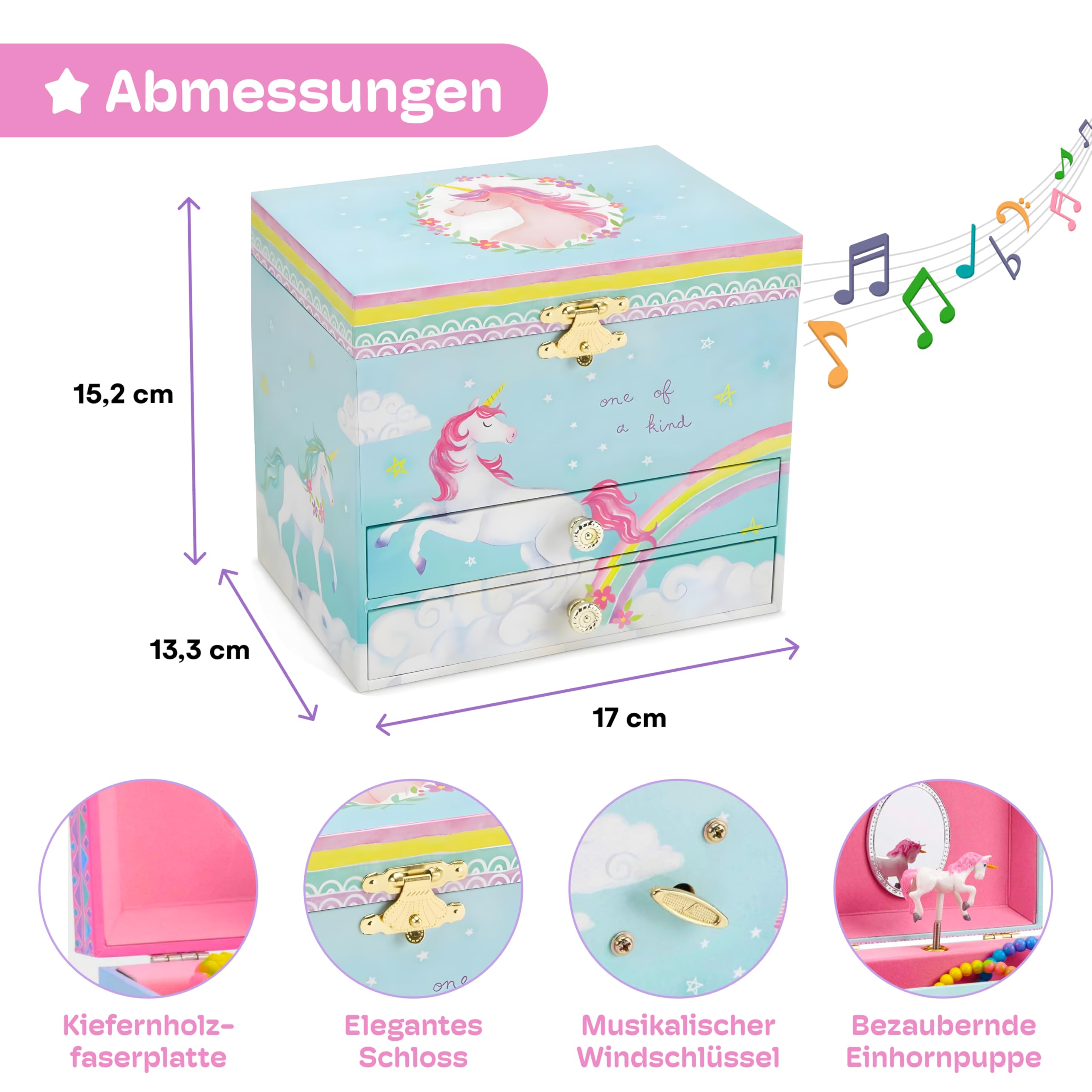 Jewelkeeper Einhorn Schmuckkästchen für Mädchen - Rosa Spieluhr Schmuckschatulle mit Spiegel und 2 Ausziehschubladen - The Beautiful Dreamer Melodie - zur Aufbewahrung von Kinderschmuck