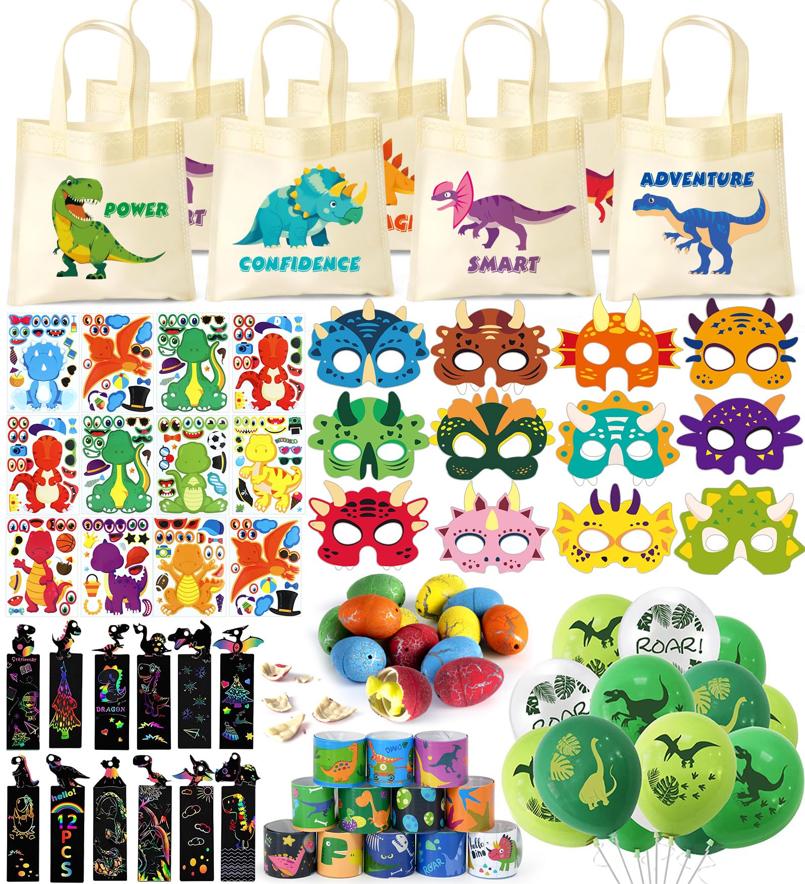 Cleboen 108Pcs Gadget Dinosauri Compleanno Ragazzo Dinosauri Uovo Maschera Borse di Tela Palloncino Segnalibro DIY Etichetta Sacchetti Compleanno Regalini Fine Festa Compleanno Dinosauri Bambini