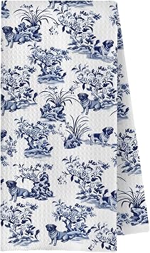 Blue Chinoiserie Pug Kitchen Towels, Gifts for Pug Lovers Women Dish Tea Towels for Kitchen Decor, Grand Millenial Floral Dog Decorative Hand Towels for Bathroom, 16x24 Inches