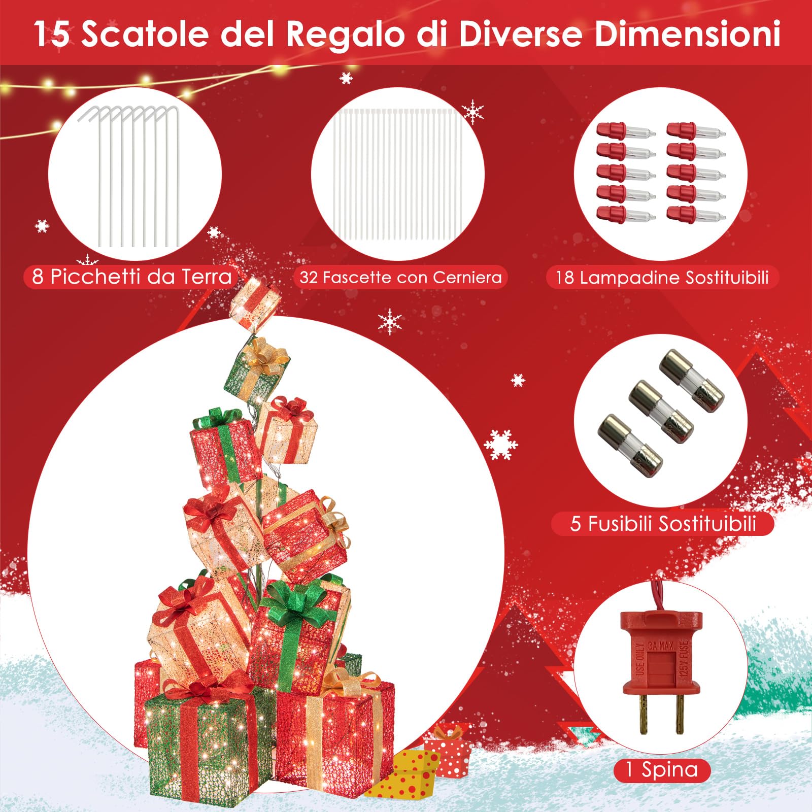 COSTWAY Set Scatole Regalo Illuminate di Natale da 170 cm, Torre di Scatole Regalo con 450 Luci Bianche Calde, Decorazioni Natalizie a Luce per Interni ed Esterni