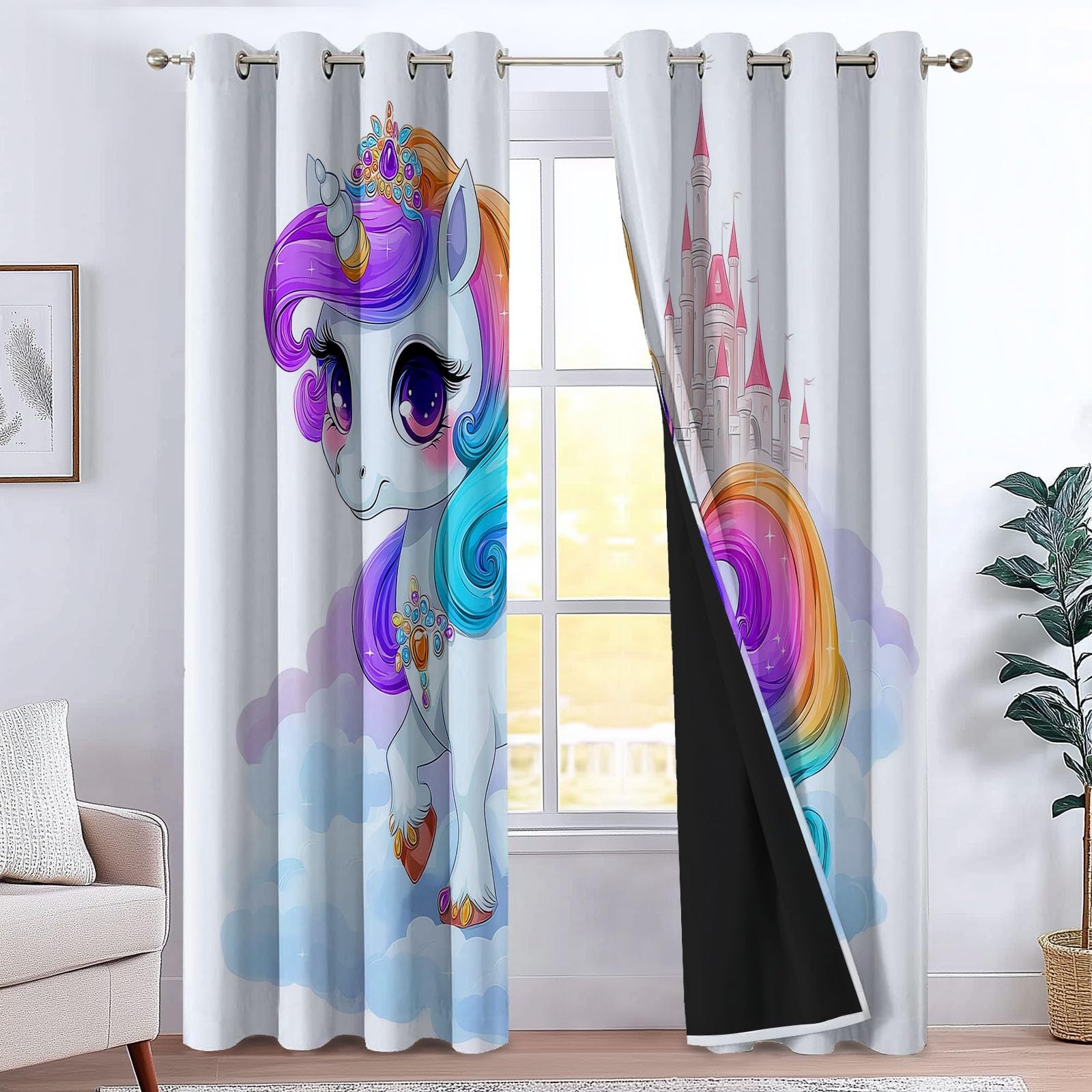 Générique Rideaux Occultants Licorne de Dessin Animé Nuages pour Chambre d'enfant, Lot de 2 140L X 260H cm Rideaux Thermiques Style Simple à Œillets - Rideau Obscurité Totale pour Bébé Enfant Adulte