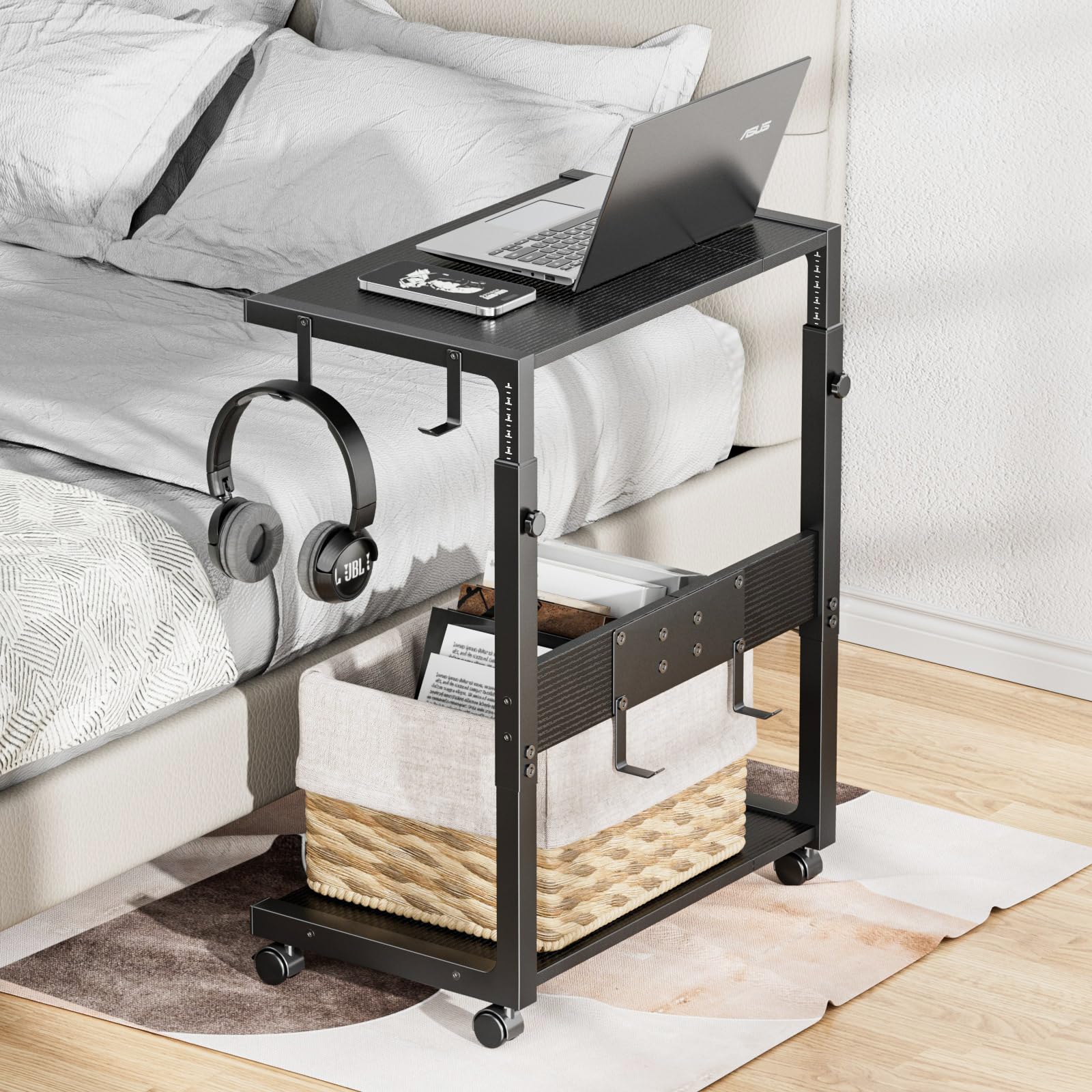 Computer Tower Ständer - Höhenverstellbarer PC Tower Ständer Gehäuse Halterung CPU Halter Wagen mit Rollen und 4 Haken für Home Office und Klassenzimmer, 58.5-71.9cm (H), Schwarz
