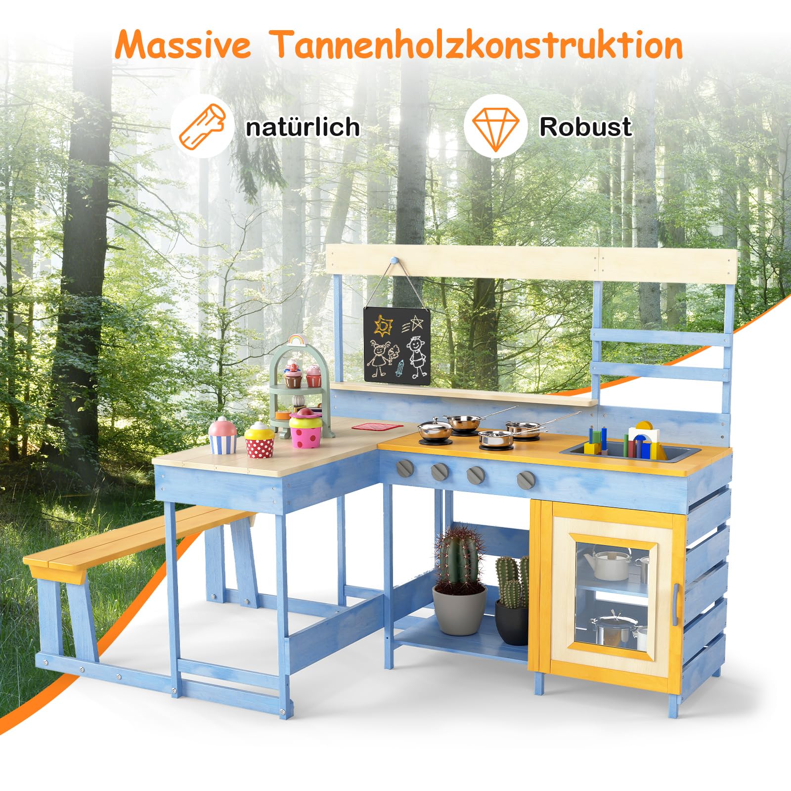 COSTWAY Matschküche mit Picknicktisch & Bank, Kinderküche Tannenholz mit Dessertzubehör Küchengeschirr und Tafel, Spielküche Outdoor Küche für Kinder ab 3 Jahren (Hellblau)