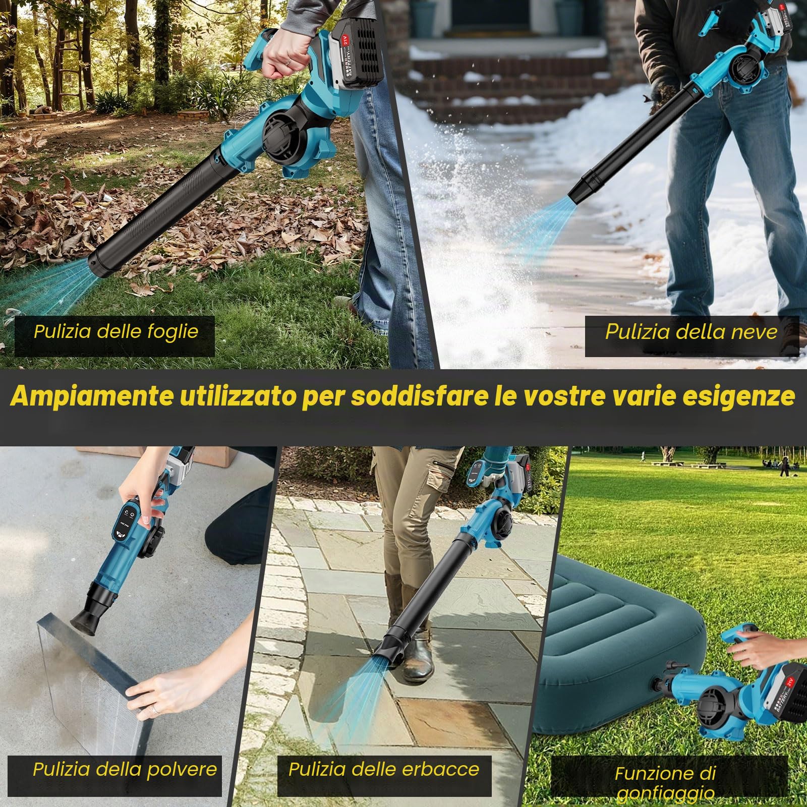 21V Soffiatore a Batteria Elettrico con 4 Ugelli, Soffiatore Foglie a Batteria Elettrico Compatto a 3 Velocità con 2 Batterie da 3Ah e Caricatore, Corpo Macchina Regolabile con Rotazione di 270°