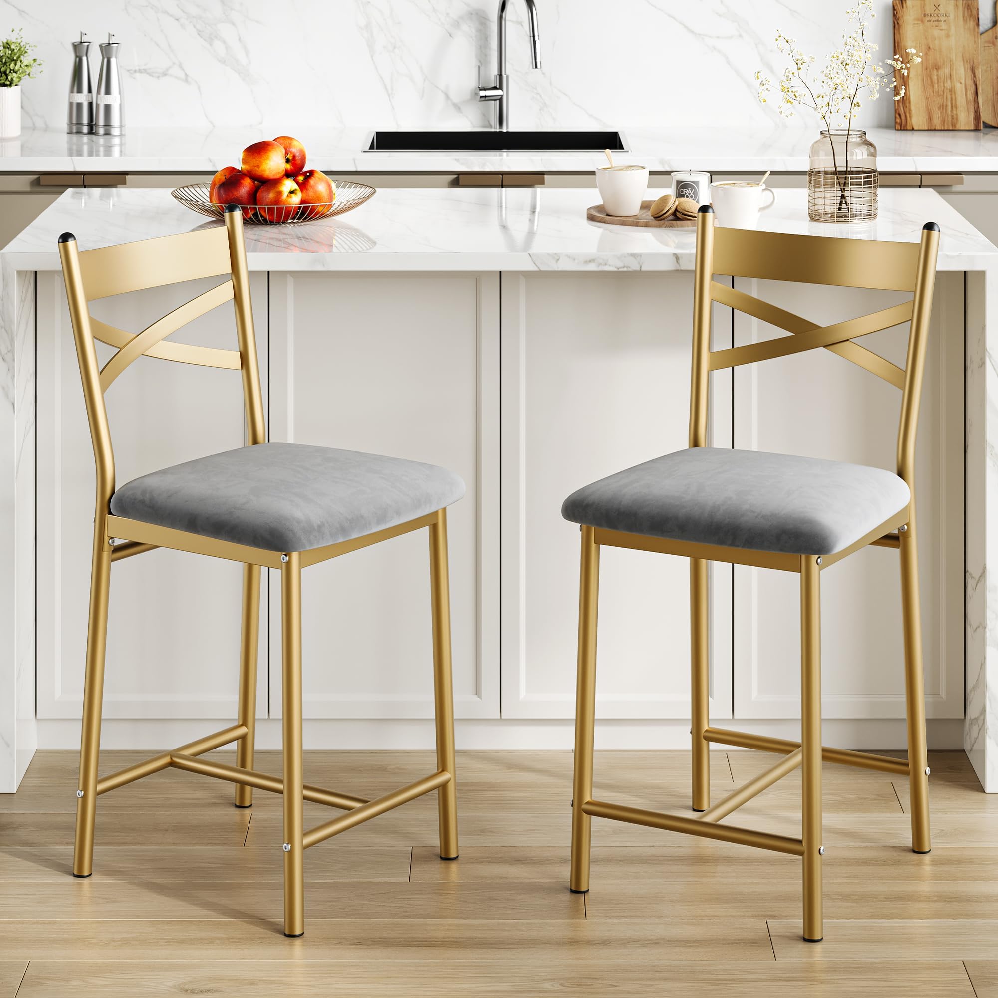 Garvee Taburete Alto Industrial Dorado con Respaldo y Asiento Acolchado, tapizado Moderno y cómodo para Cocina, Barra, Comedor o apartamento, Set de 2, 66 cm (26 Pulgadas)