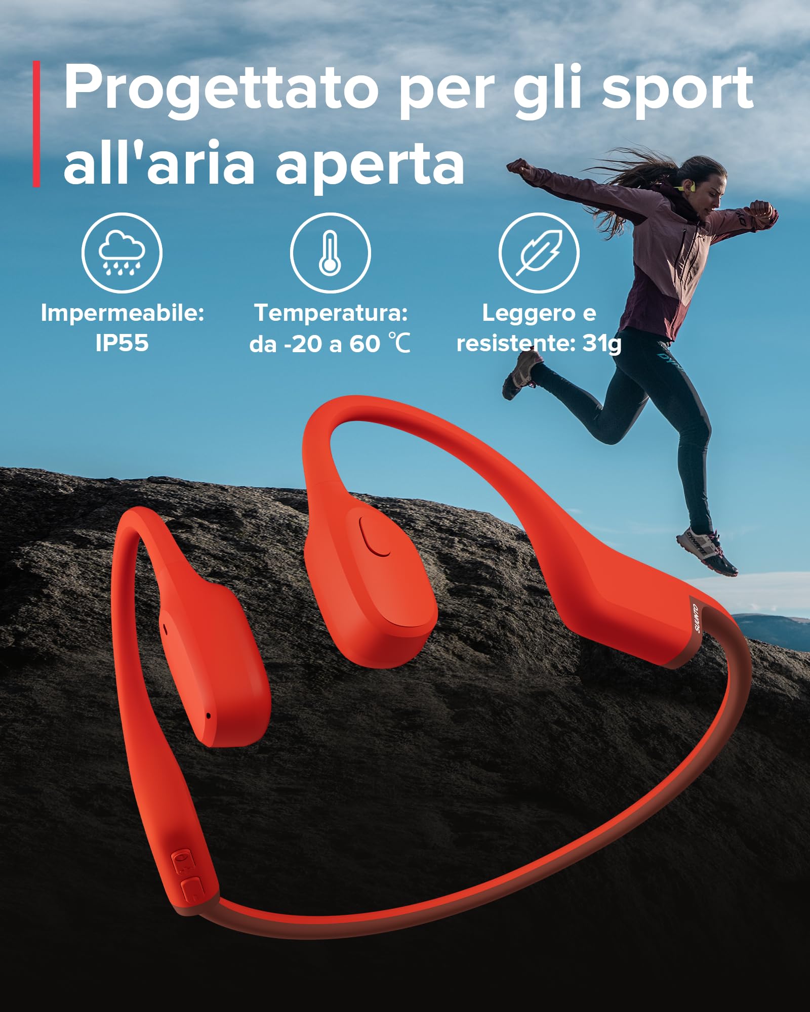 SUUNTO Sonic Cuffie Conduzione Ossea Senza Fili, Auricolari Sport Wireless Over-ear Bluetooth 5.2, Impermeabilità IP55 Waterproof, Eccellente Qualità del Suono, Autonomia di 10 Ore, per Corsa Running