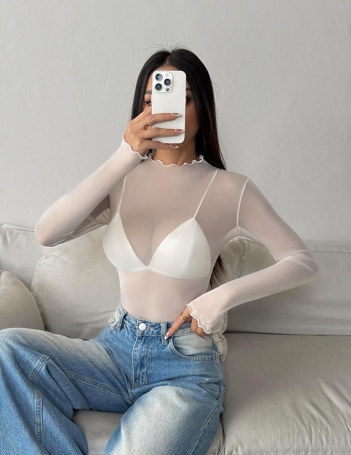 Zeagoo Womens Mesh Long Sleeve Tops Mock Neck Going Out See Through Shirts Sexy Sheer Blouses Clubwear S-XXL - Image 4