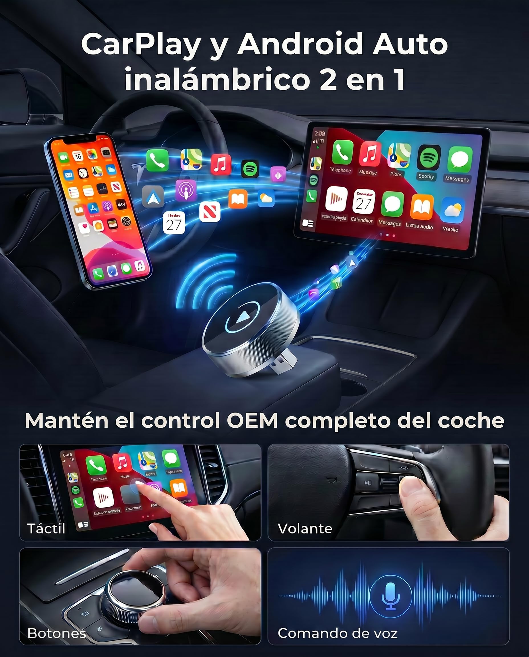 2026 Adaptador CarPlay & Android Auto Inalámbrico, Adaptador 2 en 1 para iPhone y Android, WiFi 2,4/5GHz con Conexión Automática, Plug & Play Estable y Sin Latencia, Diseño Premium de Aluminio