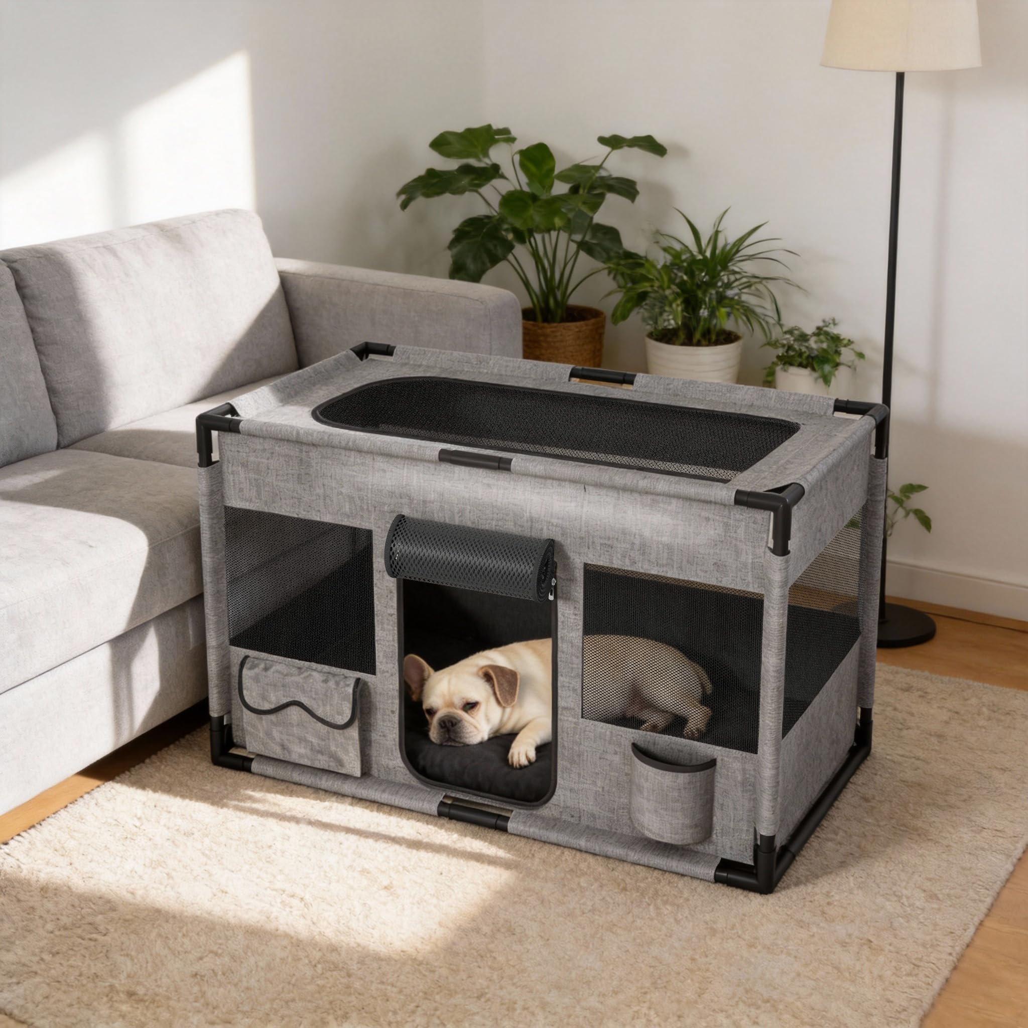 Froadp Mobiler Welpenauslauf Hundekäfig aus 600D Oxford Stoff mit PVC-Rahmen, Faltbares Tierlaufgitter für Hunde & Katzen, Tierlaufstall mit Reißverschlusstür und Oberer Öffnung, Grau – Rechteckig L