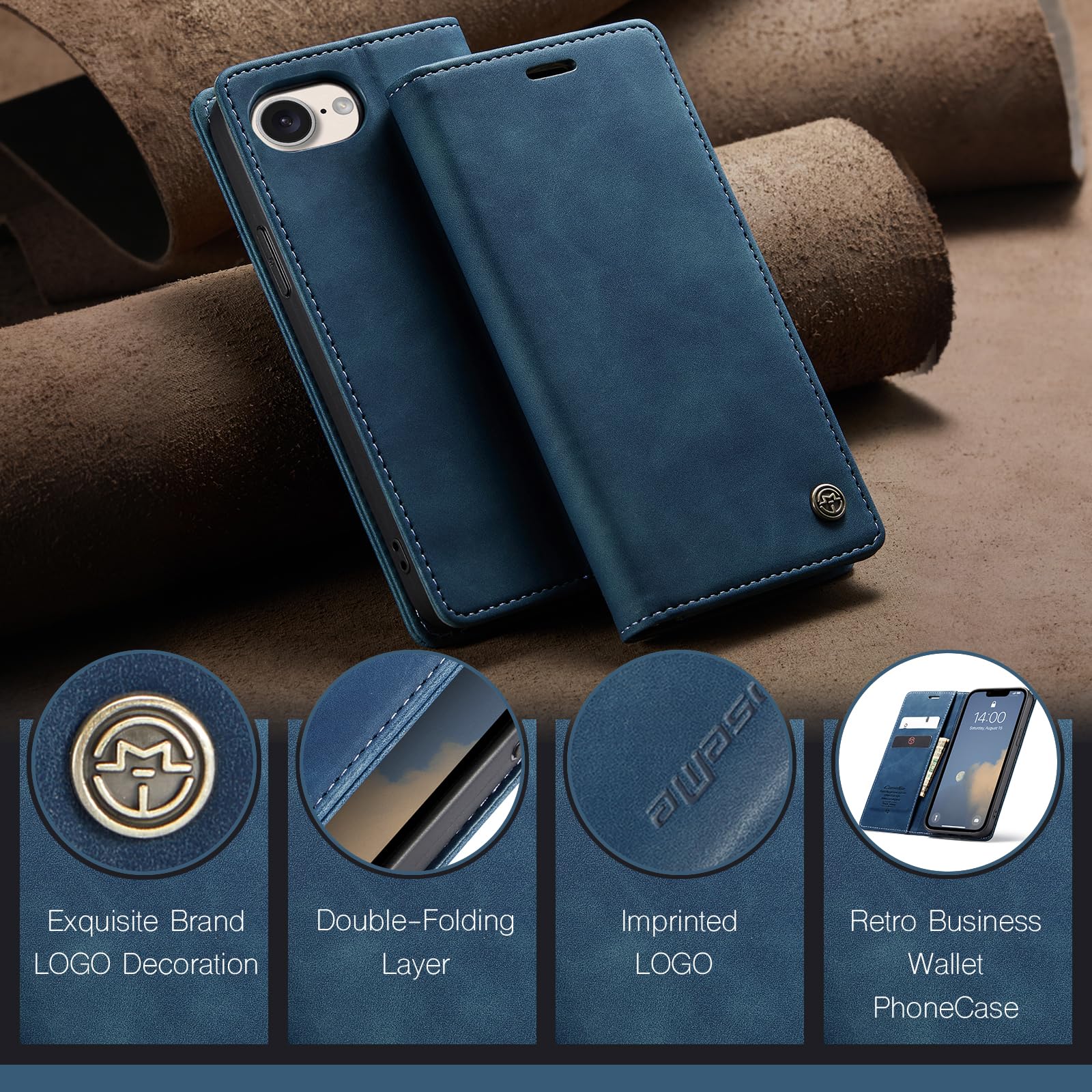 Monweicz Cover Compatibile con IPhone 16E, Custodia Portafoglio con Slot per Scheda, Protezione Completa Premium in Pelle PU, Flip Libro Magnetica IPhone 16E, Blu