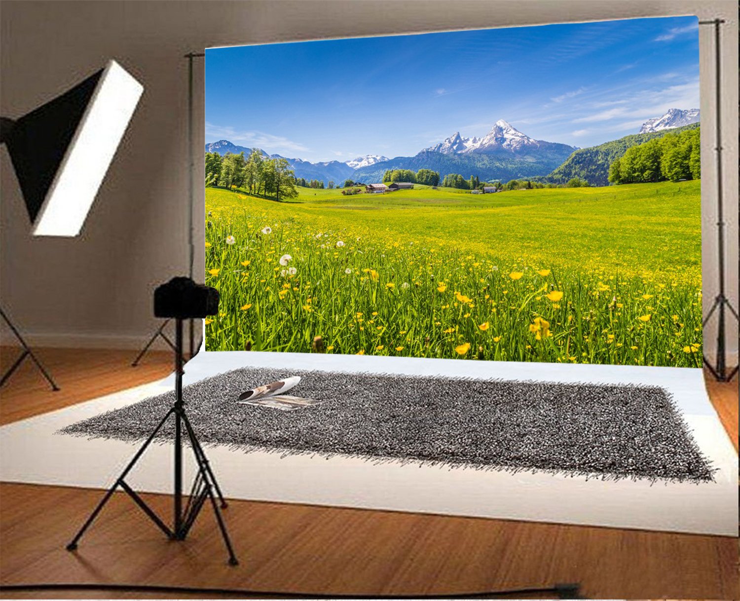 Laeacco 7x5FT Alps Landscape Background for Photography Rural Countryside Grassland Meadow Flowers Green Pasture Scenery Backdrop Outdoor Photo