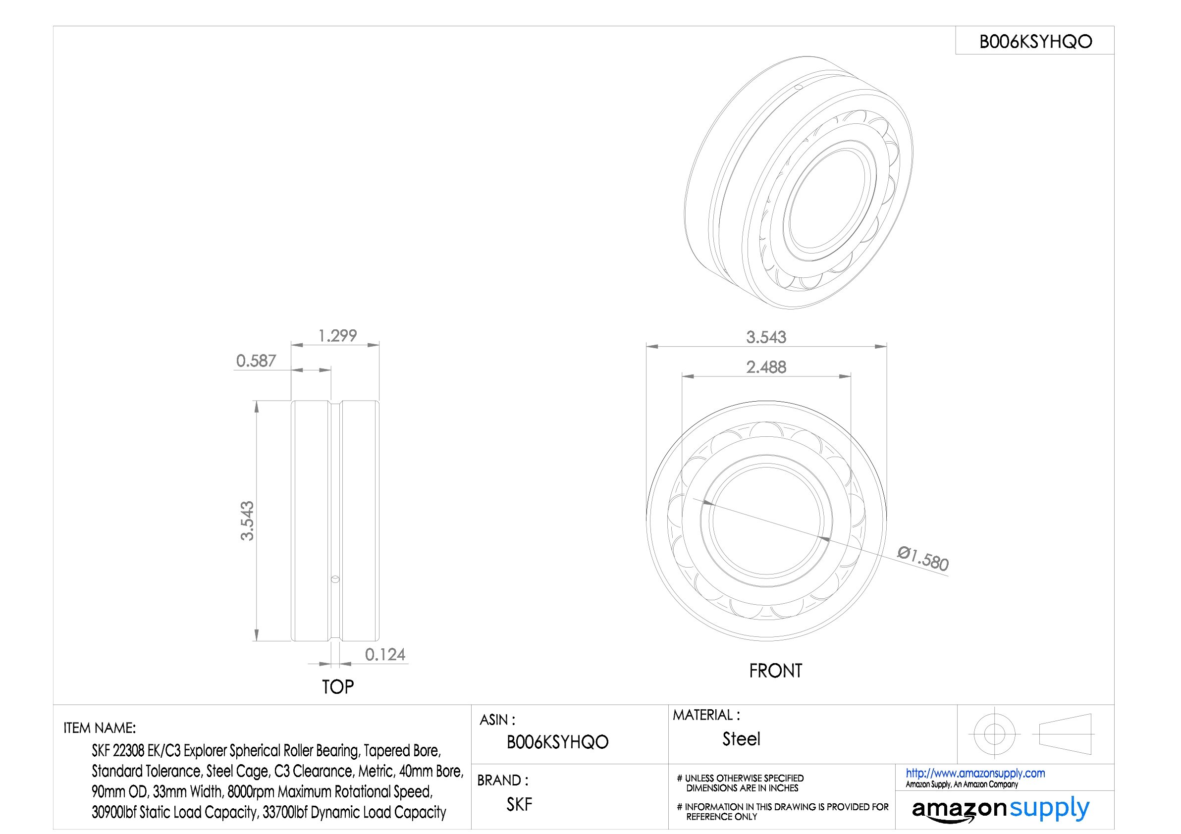 SKF 22308 EK/C3 Roulement à rouleaux radiaux sphériques