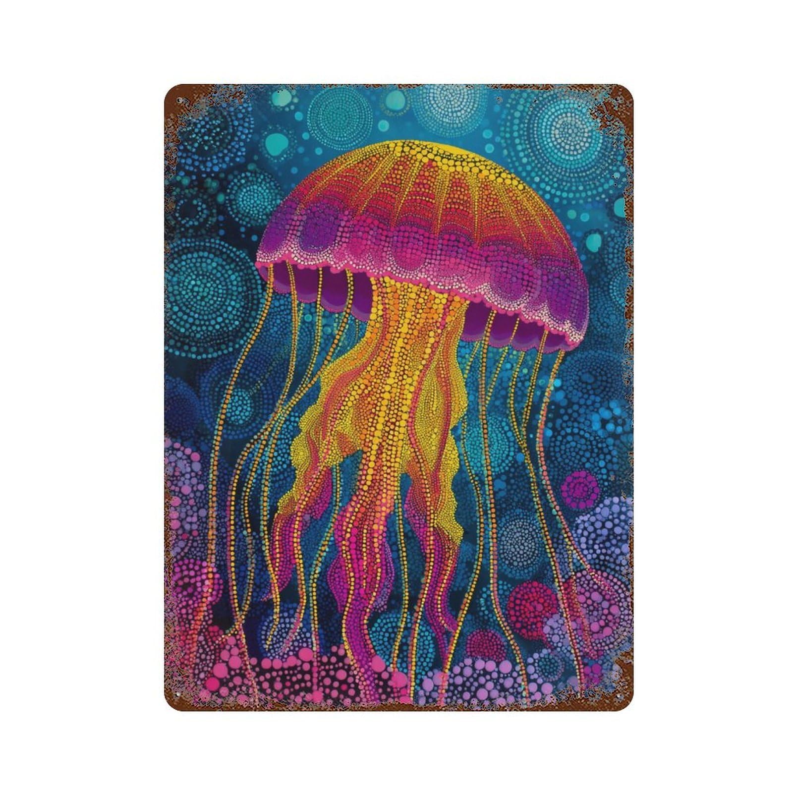 Vintage Rust Metal Sign Colorful Jellyfish Art Print-1 15.7"x11.8", Old School Wall Decor for Garage, Bar And Workshop Decor