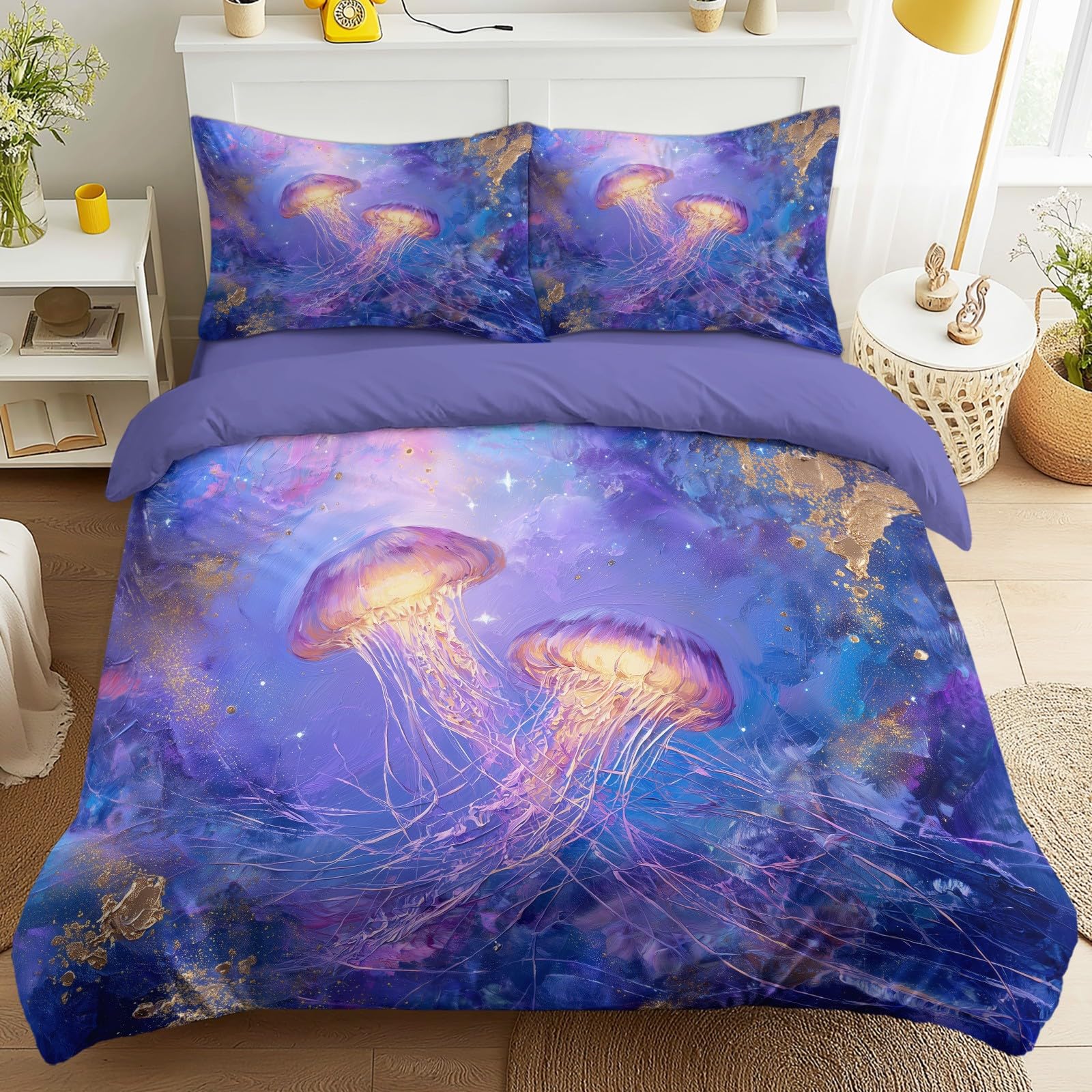 Housse de Couette Océan Parure Lit Anti-plis Ensemble 4 Pièces Violettes