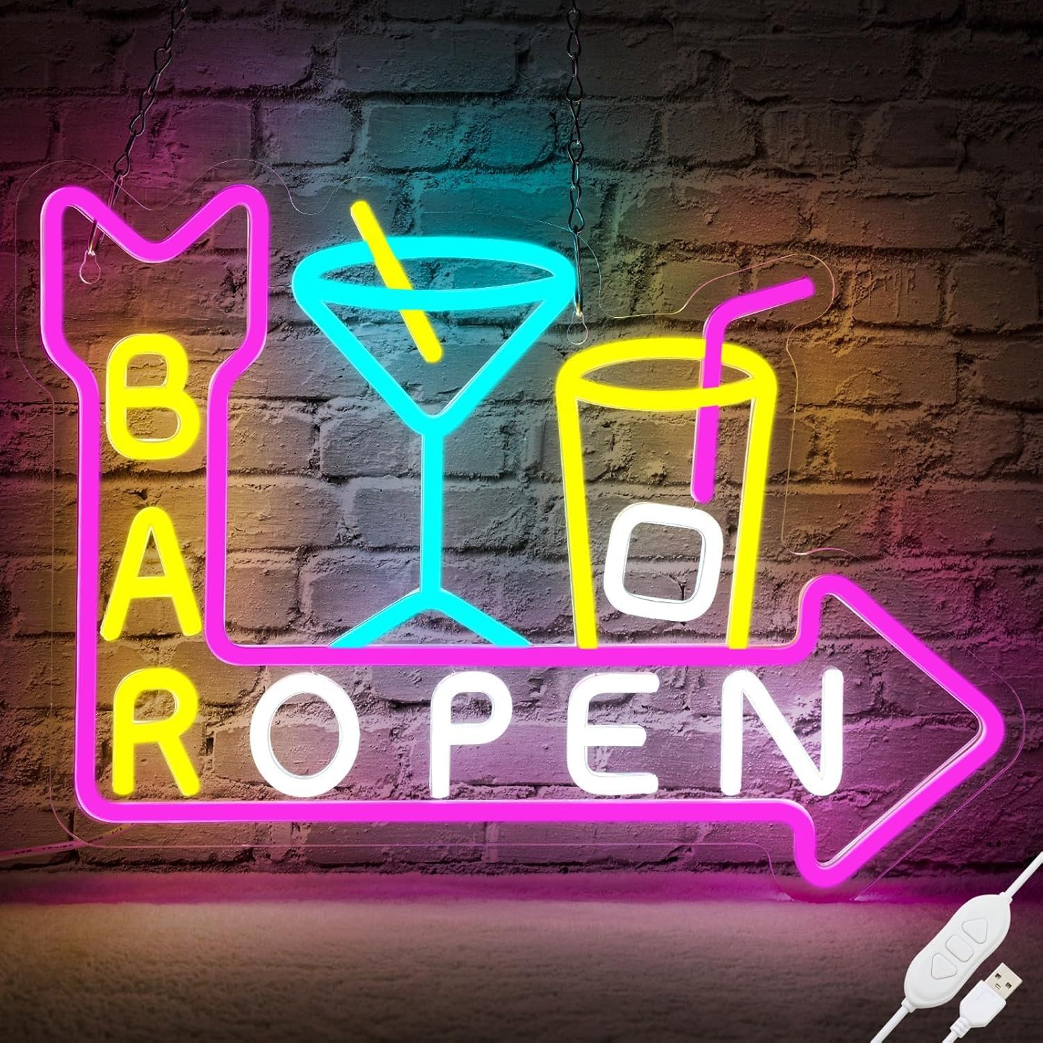 Open Welcome LED Neon Signs Colorful Happy Hour Neon Art Wall Lamps Dimmable Acrylic Light up for Bedroom Man Cave Bar Pub Party Wall Decor