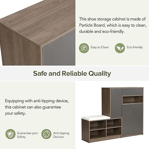 Miniatura 5 de HZANHY Armario de zapatos, armario de entrada, zapatero de madera, banco de almacenamiento de zapatos 2 en 1, estantes ajustables, organizador de