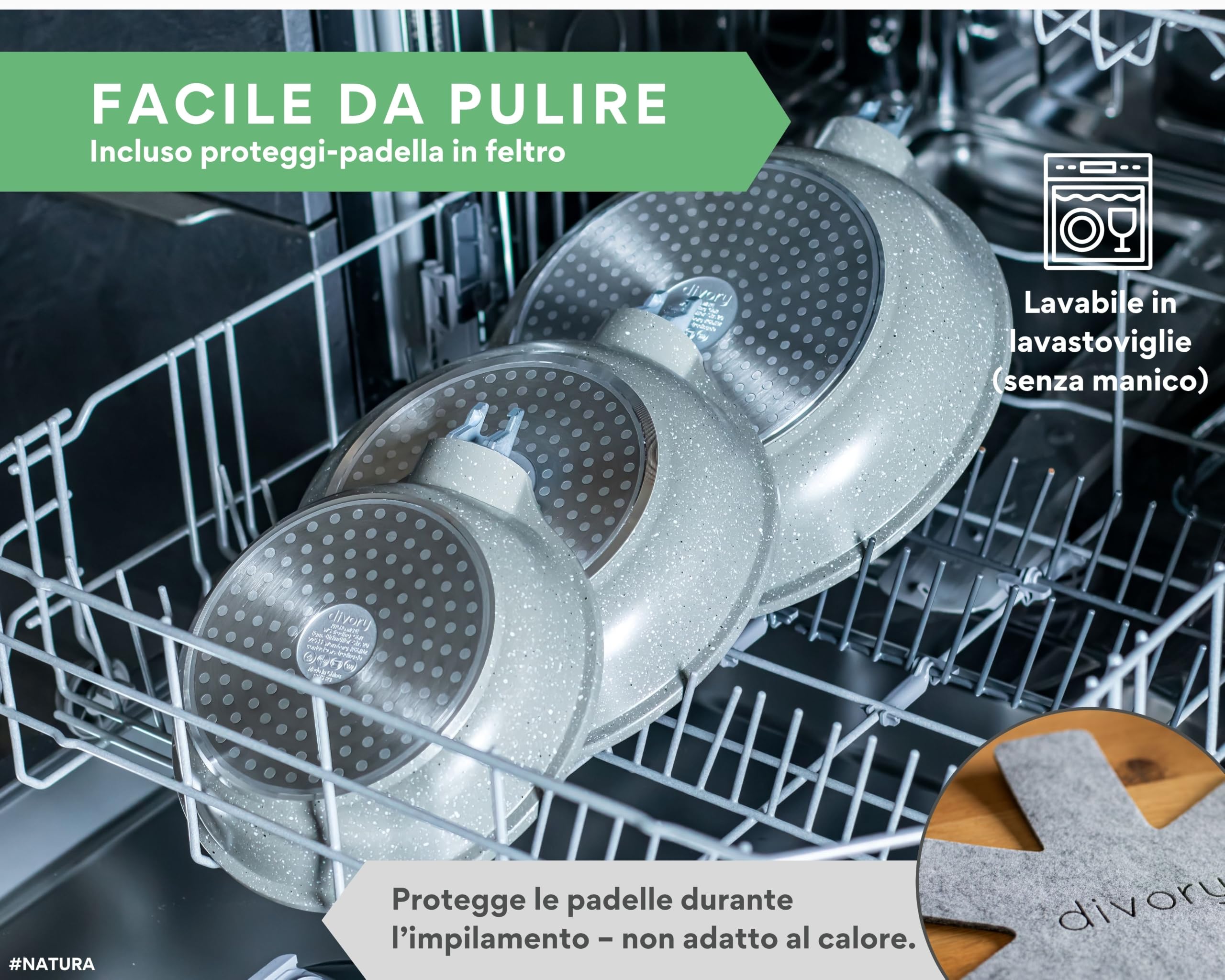 DIVORY Set di padelle in ceramica da 20, 24 e 28 cm – Padelle con manico rimovibile, rivestimento in ceramica, adatte all'induzione, prive di PFAS e PTFE (Natura, set da 3 pezzi (20/24/28 cm))