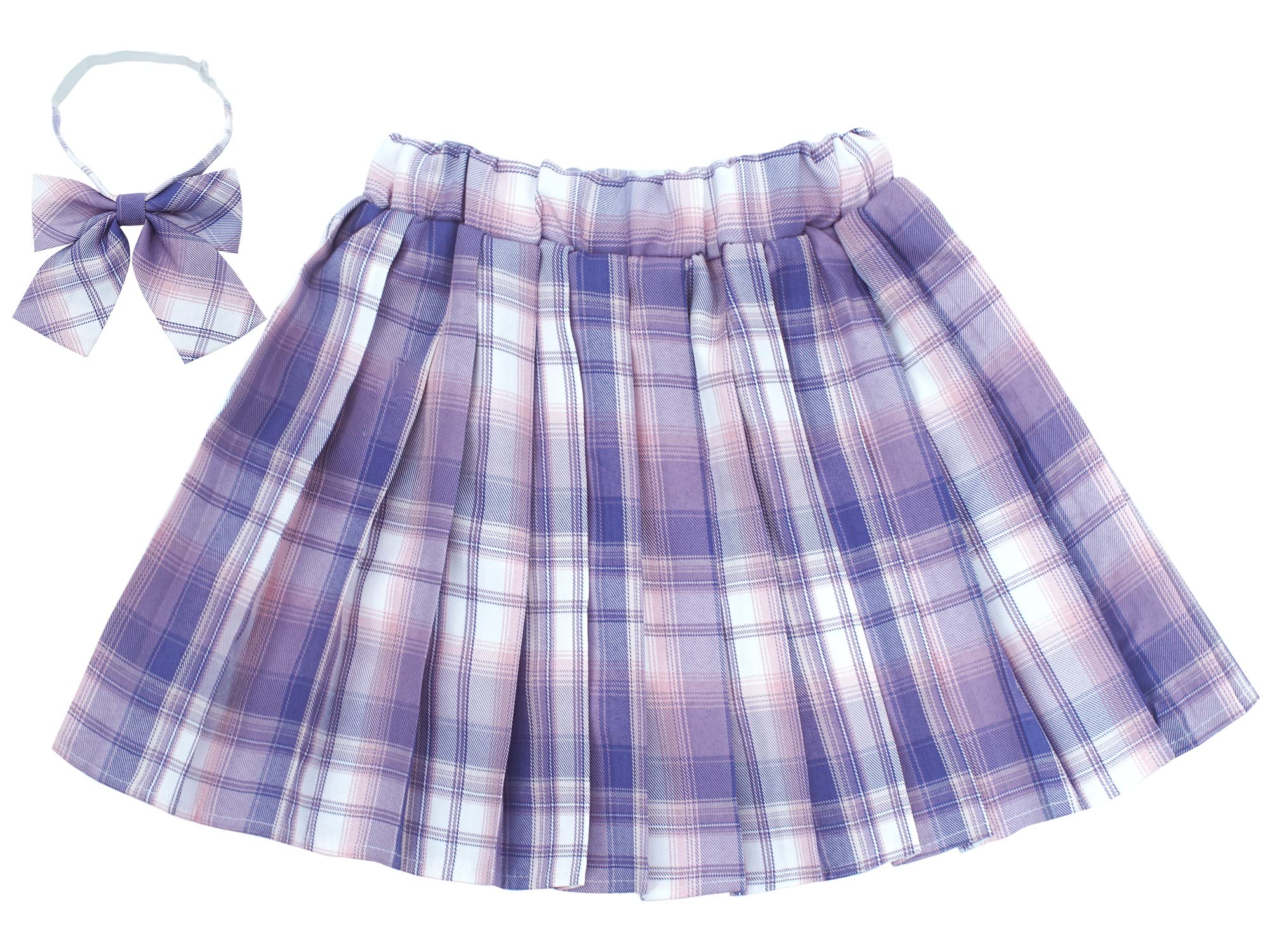 Maeau Falda corta plisada a cuadros para niñas, con cintura elástica, con pantalones cortos integrados, pajarita, 120-170 cm, 5-14 años