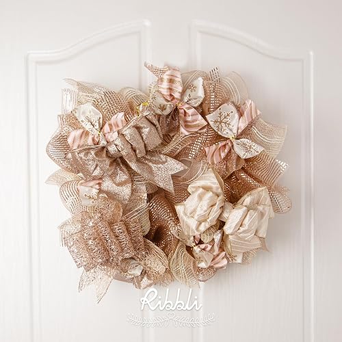 Miniatura 5 de Ribbli 2 rollos de cinta de malla metálica de oro rosa de 10 pulgadas x 30 pies (10 yardas), marfil con lámina de oro rosa e hilo marfil, cinta de