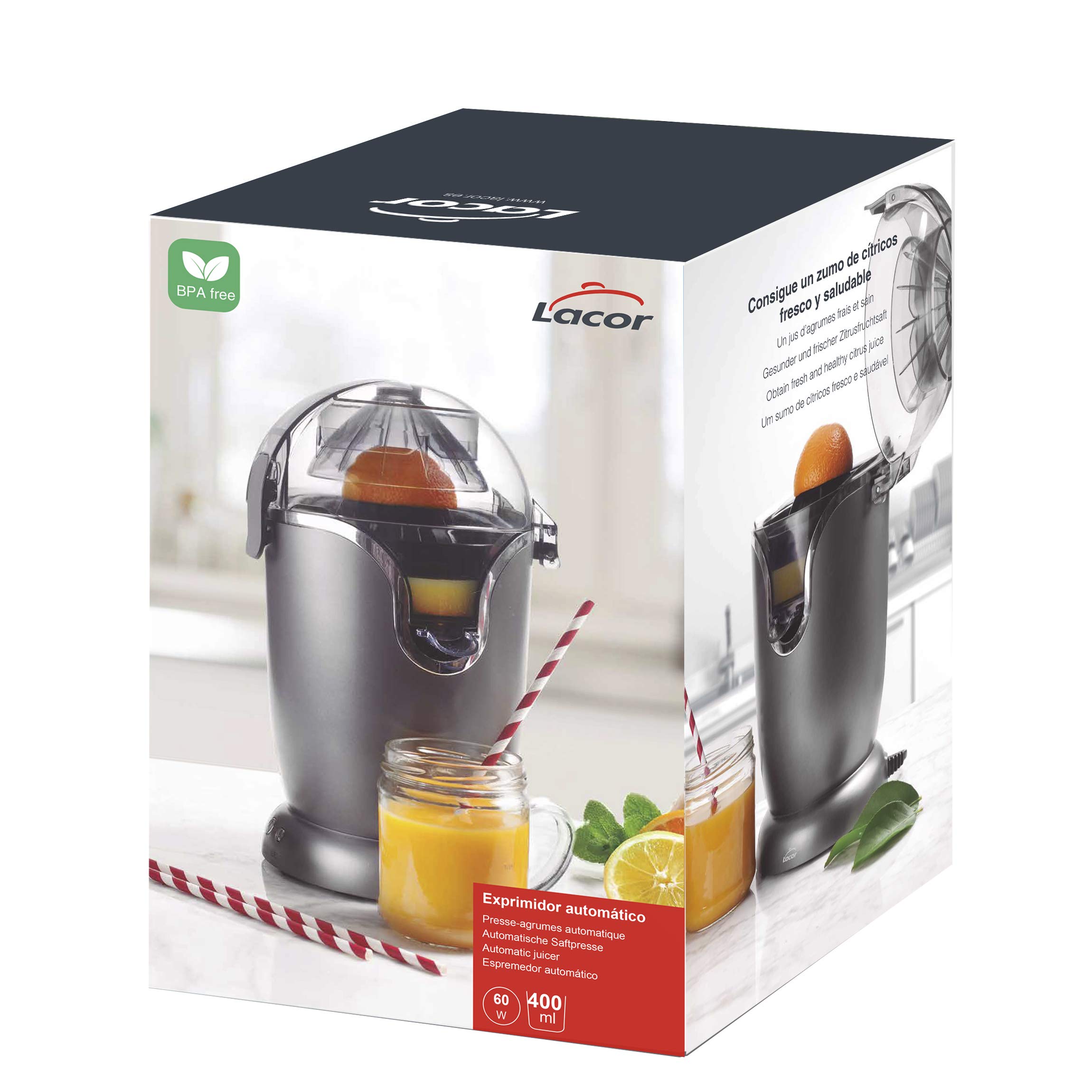 Lacor - 69520 - elektryczna sokowirówka, w pełni automatyczna, wyciska wszystkie rodzaje owoców cytrusowych: pomarańcze, cytryny, limonki, nie zawiera BPA, 400 ml