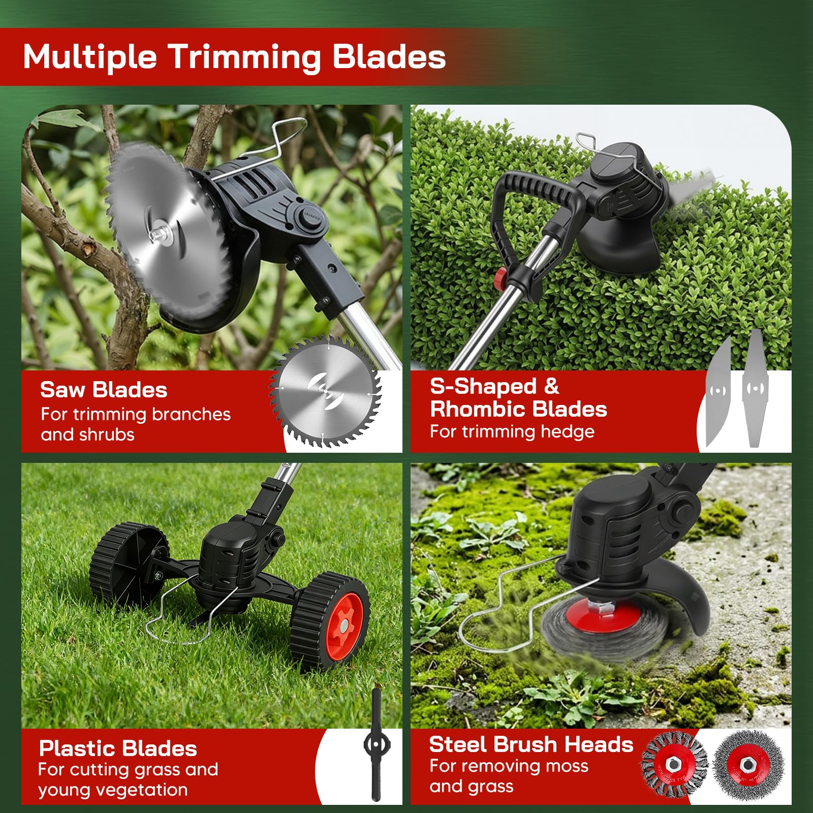 Desbrozadora con batería, 5 en 1 batería con 2 baterías, 4 cuchillas intercambiables para ramas, setos, hierba y musgo, cortacésped eléctrico para patios, jardines y bordes de aceras, altura ajustable