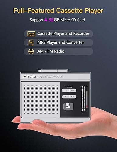 Vista 2 de Arsvita Reproductor de casete portátil y grabador, convertidor digital de cassette a MP3, cinta de radio AM/FM Walkman, soporte 4-32G tarjeta Micro
