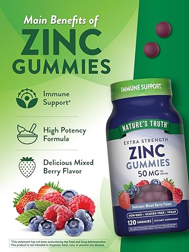 Vista 5 de Nature's Truth Gomitas de zinc para adultos 50 mg 120 unidades Suplemento vegano, sin OMG y sin gluten Sabor mixto de bayas