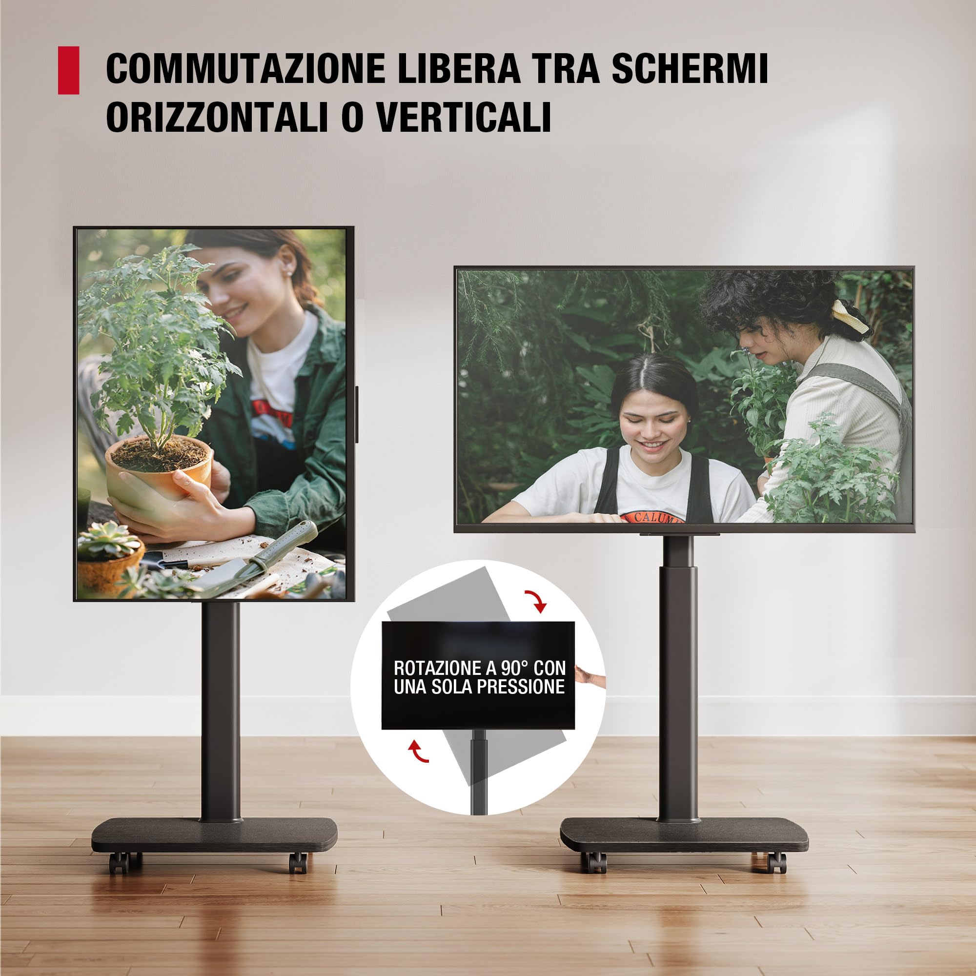 AOKCOS Carrello Porta TV con Ruote per 32-65 Pollici, Orizzontale e Verticale Supporto TV da Pavimento con Base in Legno, Inclinabile e Regolabile in Altezza, Max VESA 400x400mm 30kg (Nero)