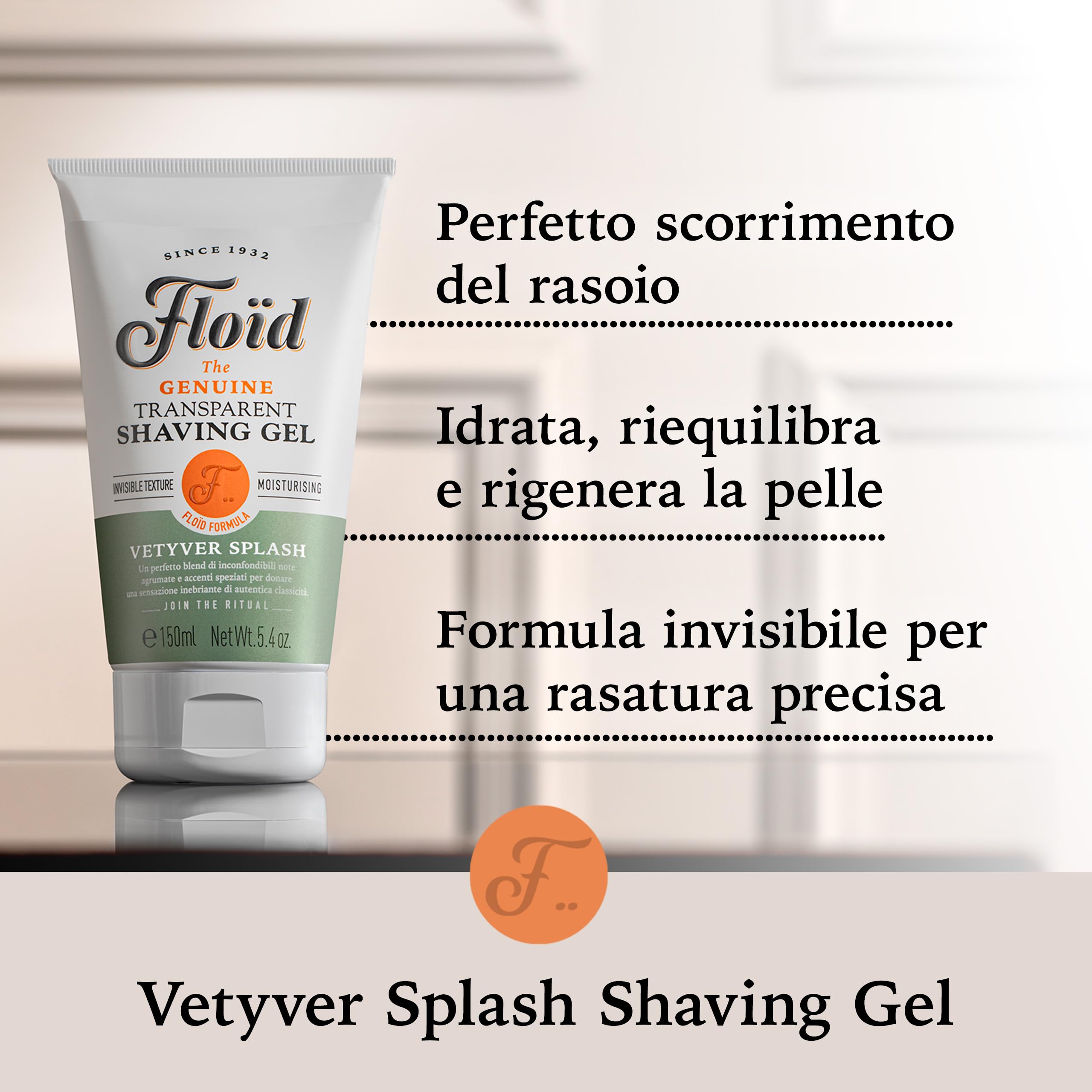 Floïd Transparent Shaving Gel Vetyver Splash (150 ml), Gel da barba profumato con glicerina idratante, Crema da barba trasparente per una rasatura comfortevole