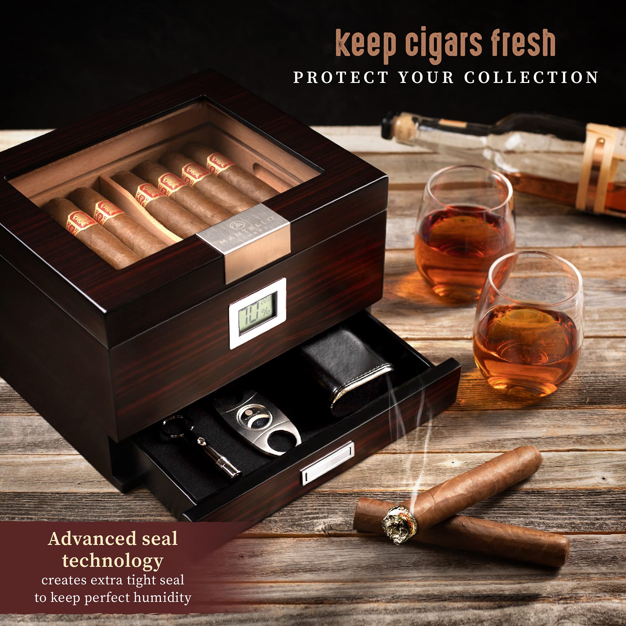 Mantello Cigar Humidor Box with Digital Hygrometer and Accessory Drawer