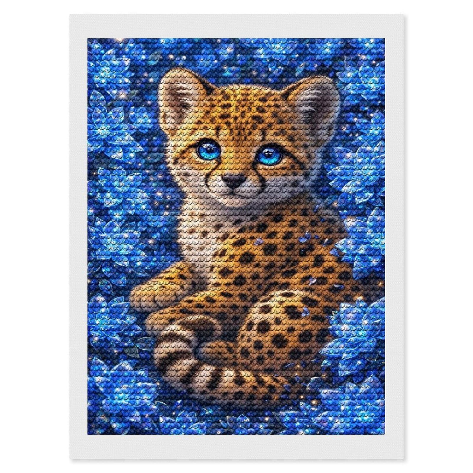 Junmoney Crystal Bloom Cheetah Diamond Art Canvas 12"x16", Full Kit Included, Bedroom Decor, for Beginners, Thoughtful Handmade Gift