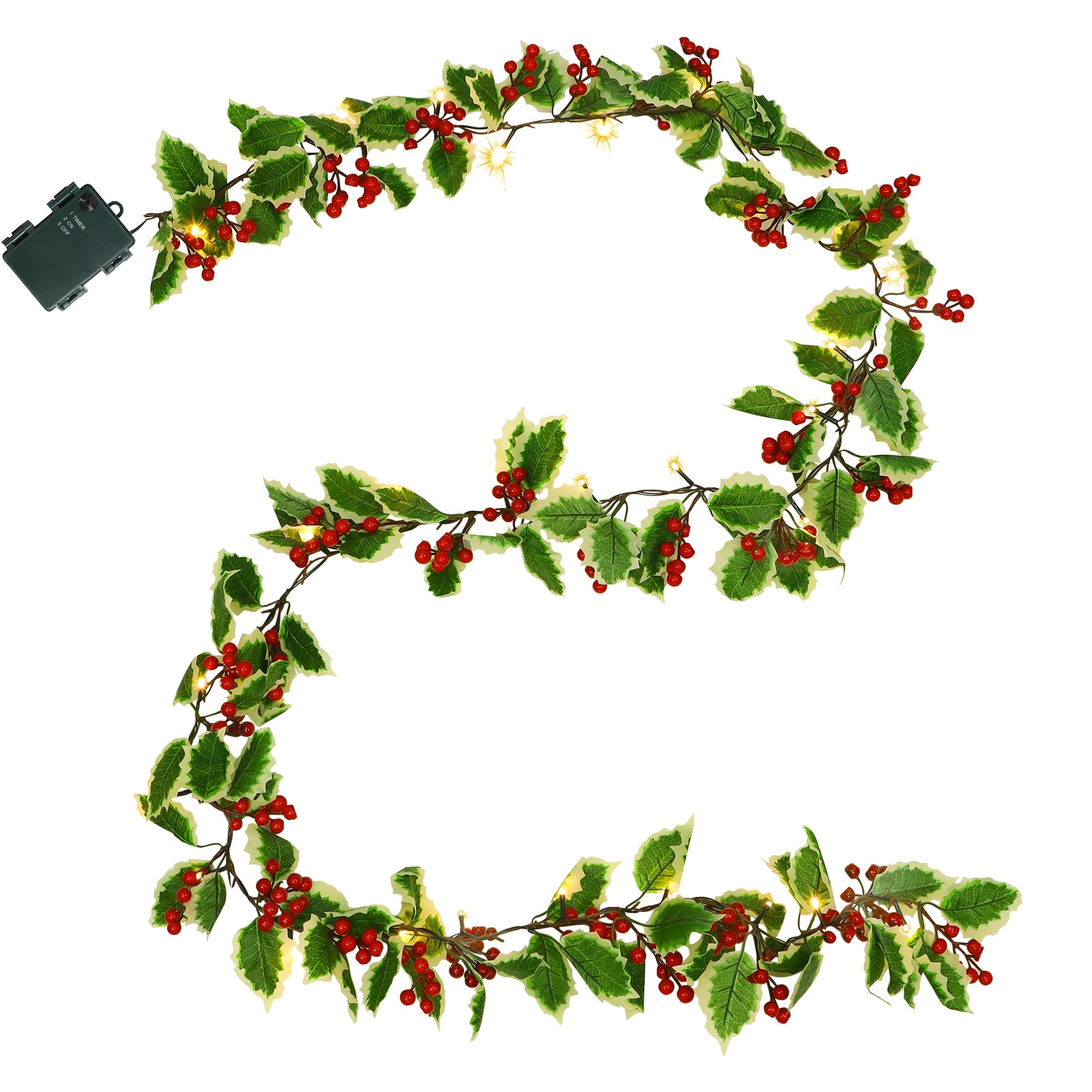 Juegoal Paquete de 2 guirnaldas de Navidad, Bayas Rojas preiluminadas de 9 pies y Hojas de Acebo, Guirnalda iluminada Artificial Que Funciona con Pilas con Temporizador, Puerta de Chimenea de Navidad