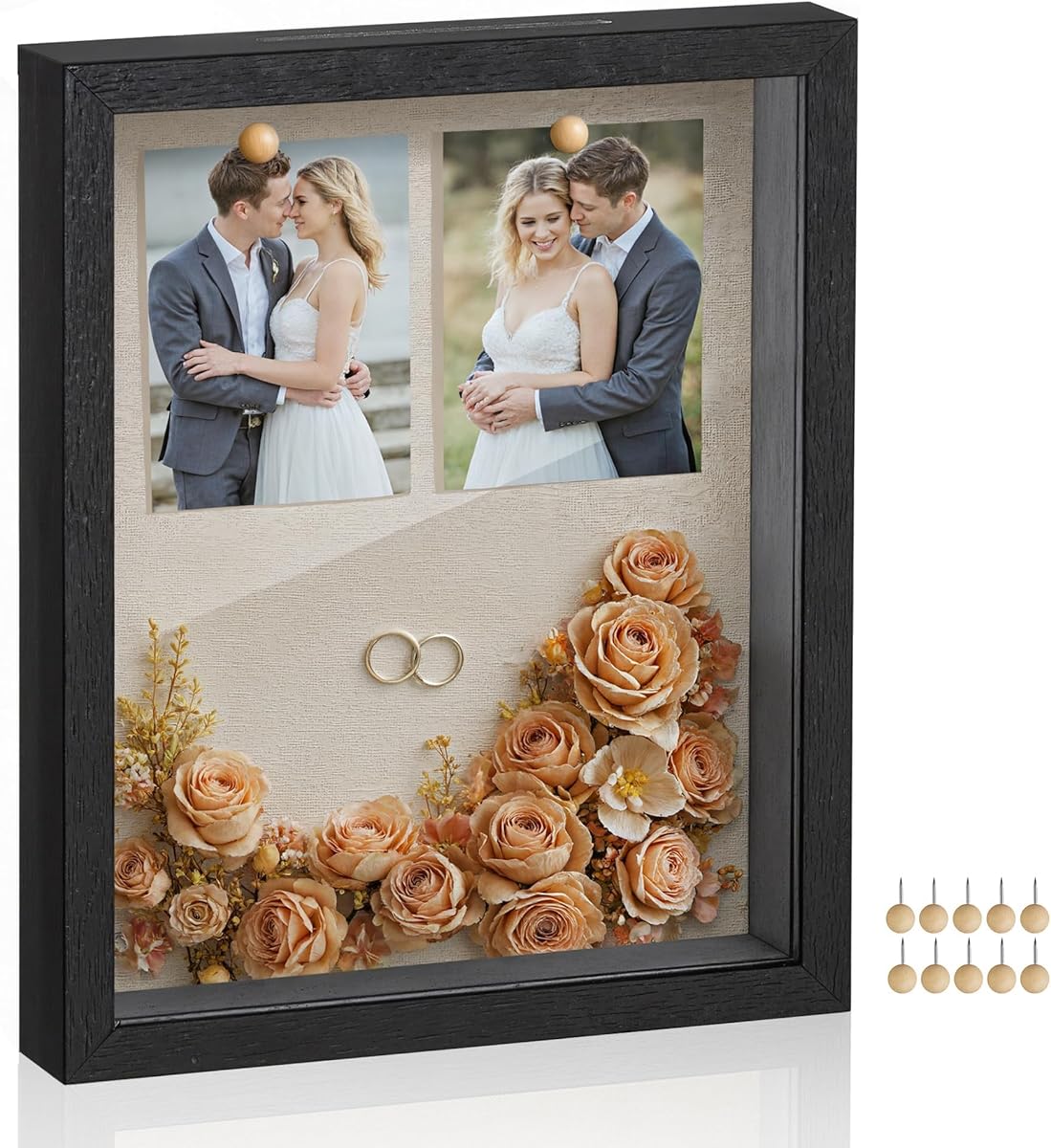 SONGMICS 8x10 Shadow Box Frame, Deep Box Frame with Top Slot and Push Pins, Picture Display Case, Linen Fabric Backing for DIY Craft, Glass Front, Christmas Gift, Black URPF007B01