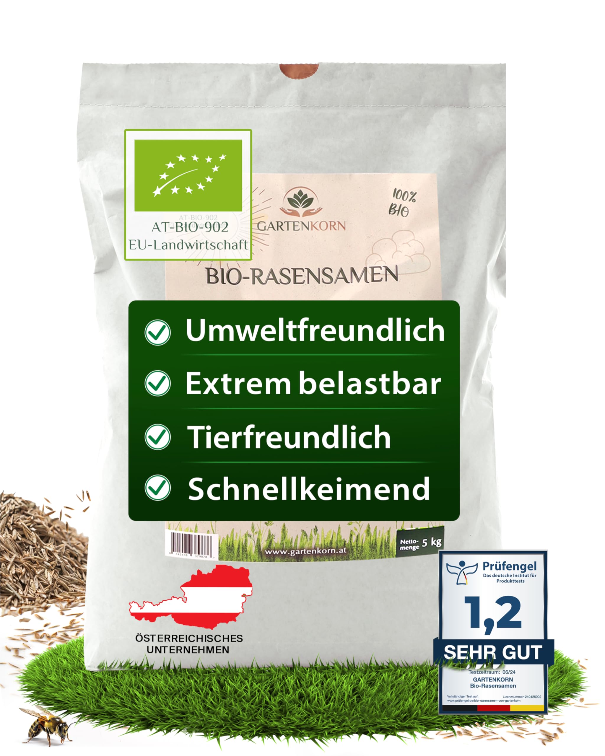 Bio-Rasensamen schnellkeimend, Grassamen für Lücken & Rasen Nachsaat, Rasensaat trockenresistent und dürreresistent für Frühling & Herbst, Saatgut Turbo Schnellrasen (5kg für 200m²)