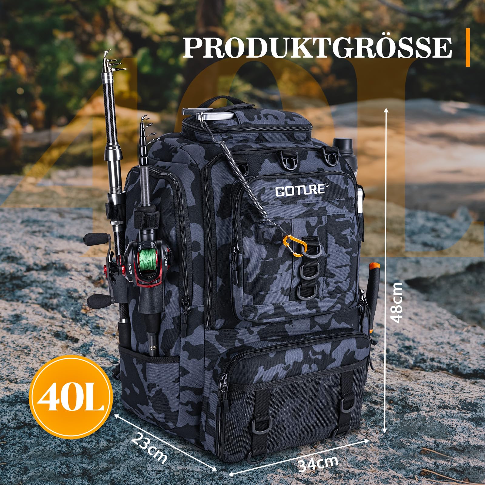 Goture Angelrucksack mit Kühltasche, 40-Liter Angelzubehör-Rucksack mit Zwei Rutenhaltern, 900D Oxford-Gewebe Wasserabweisende Angelgerätetasche mit verstellbarem Fach