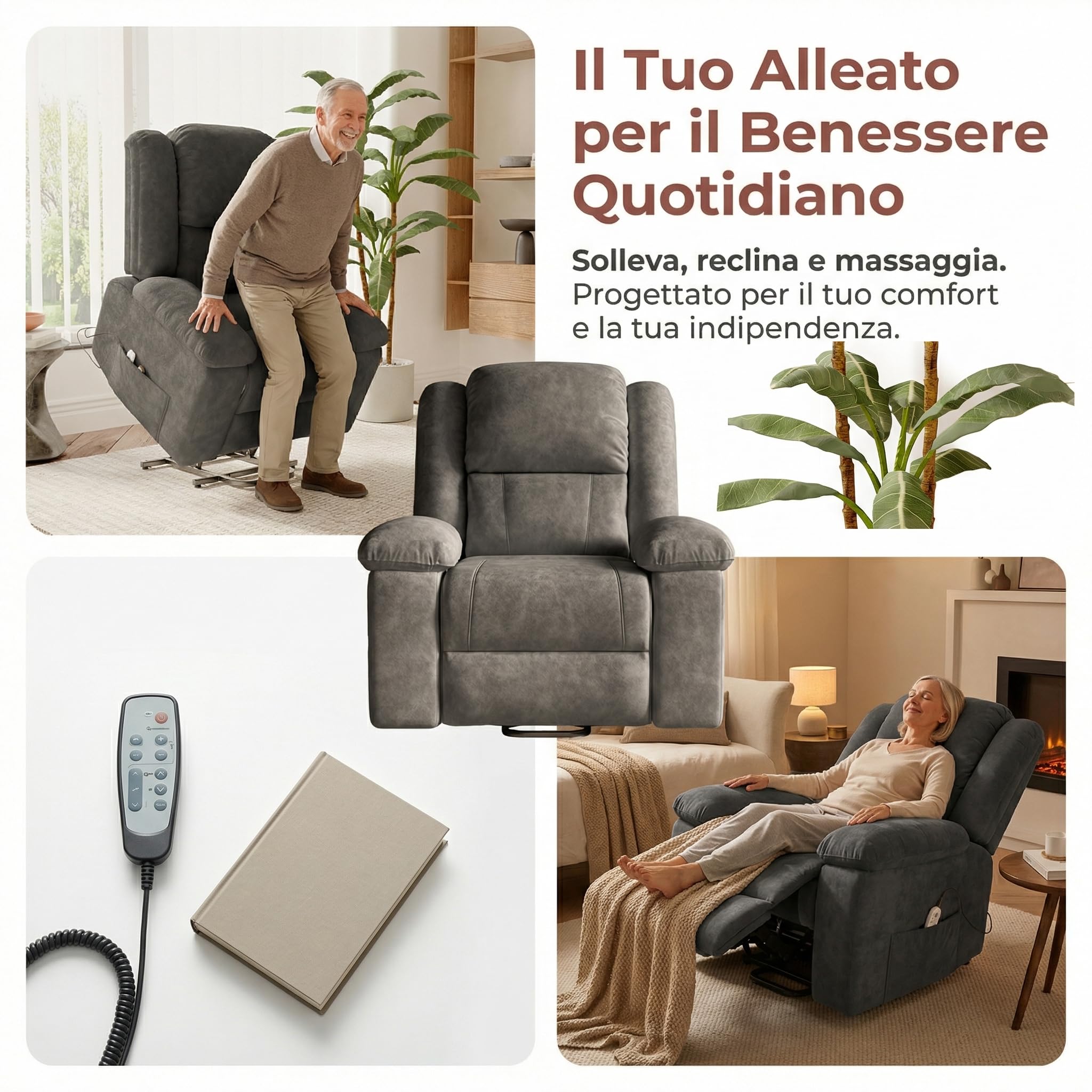 Poltrona Massaggiante Elettrica con Massaggio e Riscaldamento Lombare,Sedia Massaggiante con Poggiapiedi,Poltrona Relax Elettrica per Soggiorno e Camera da Letto,Tessuto, Grigio