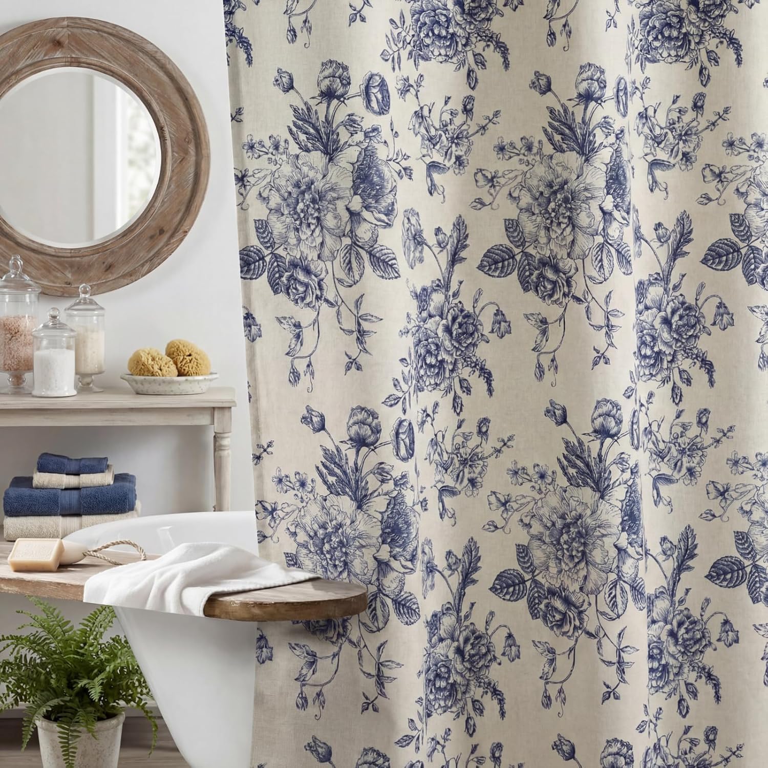 Moukeren Blue Floral Linen Shower Curtain Vintage Linen Shower Curtain 72 x 72 Inch French Country Farmhouse Beige for Bathroom with Tassels