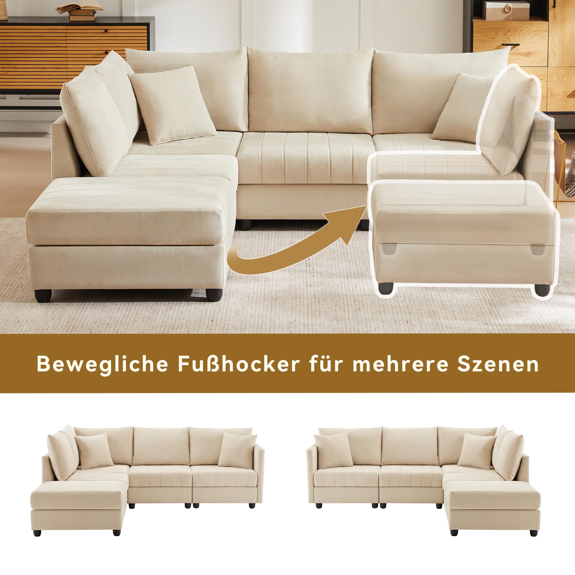 Moimhear Sofá esquinero modular de 5 plazas, reposapiés convertible | L