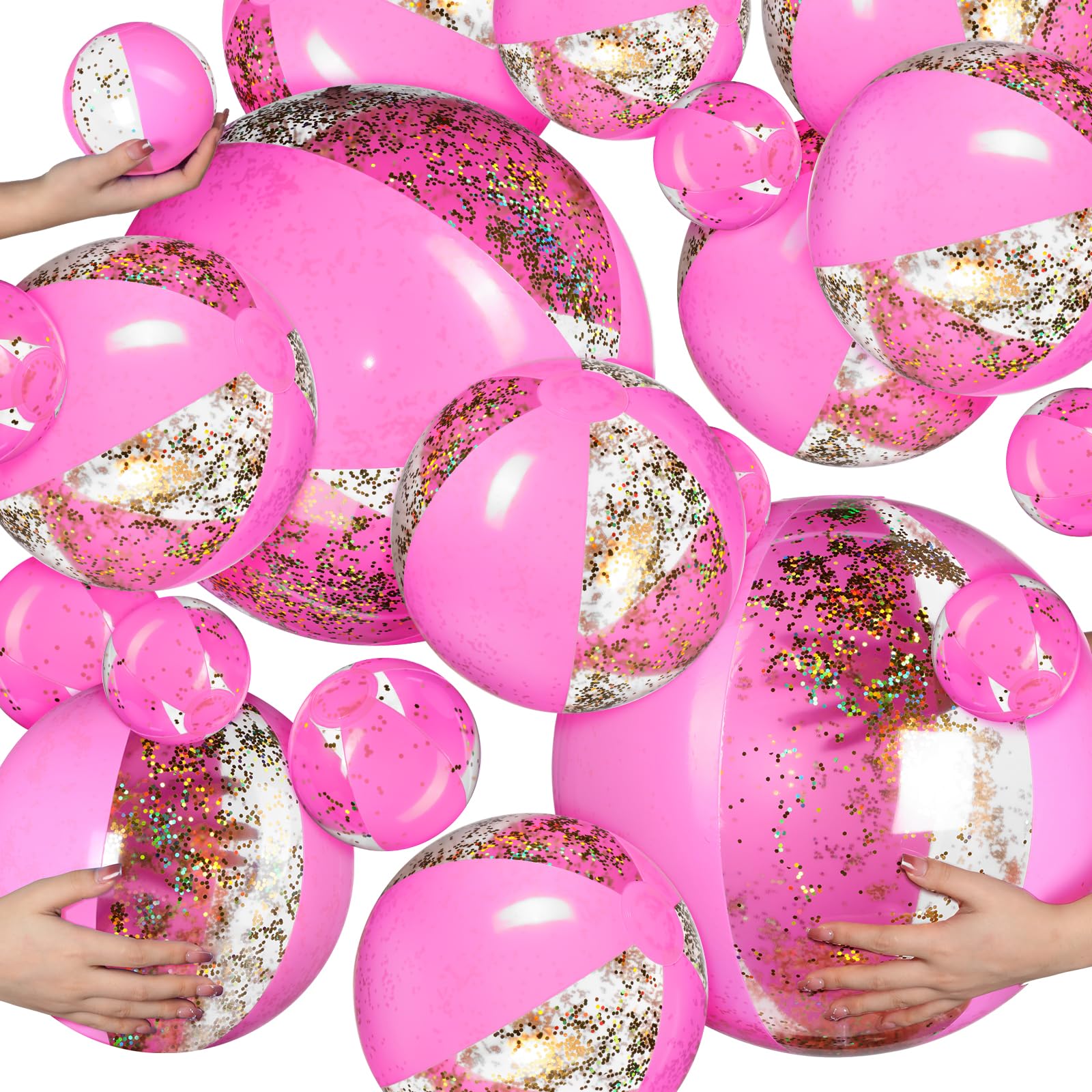 Sratte 20 Pcs Inflatable Beach Balls Bulk, Multiple Sizes Summer Swimming Pool Balls for Adults Hawaii Luau Party Supplies(Pink,Sequin)