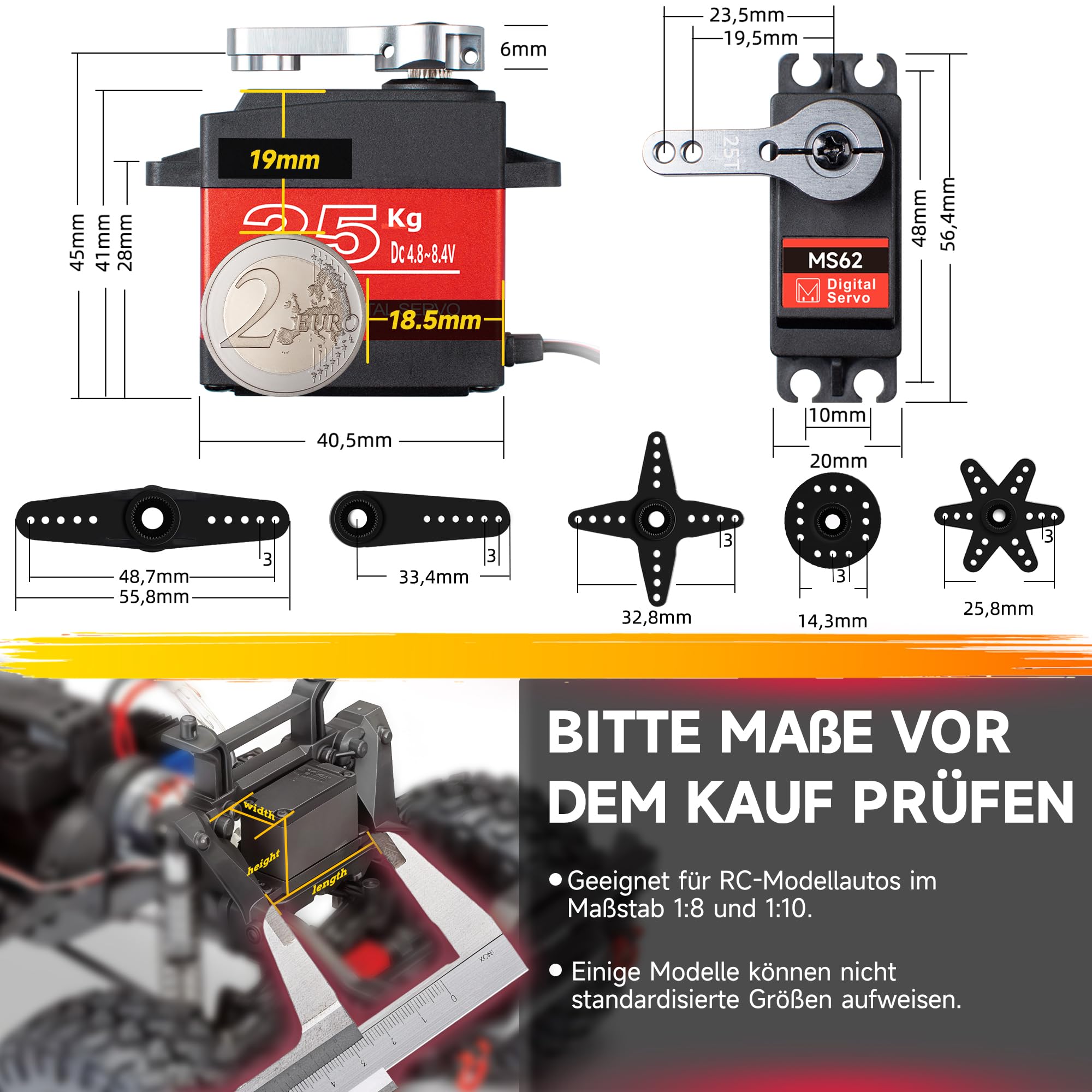 Miuzei Servo Rc 25kg Servomoteur Digital Standard 180 Metal Waterproof Compatible avec Arduino Pour Voiture Rc 1/10 1/8 Bras Robot Modelisme Voilier
