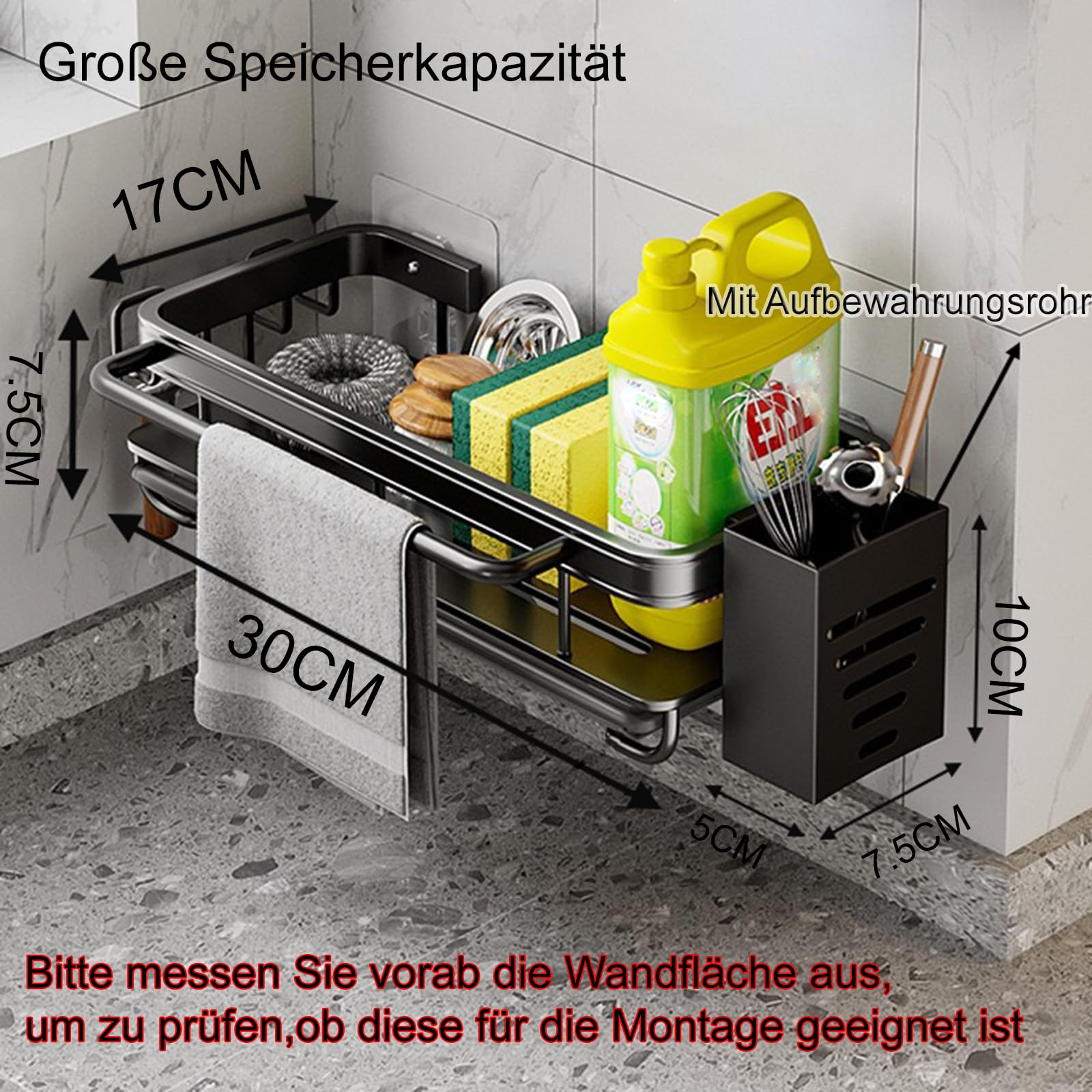 Küche Spülbecken Organizer Schwammhalter mit Abflusspfanne Küchen Spüle Organizer mit Spültuchhalter und Zwei Haken，Metalle Hängender Küchenorganizer Badezimmer - Ohne Bohren (Schwarz)