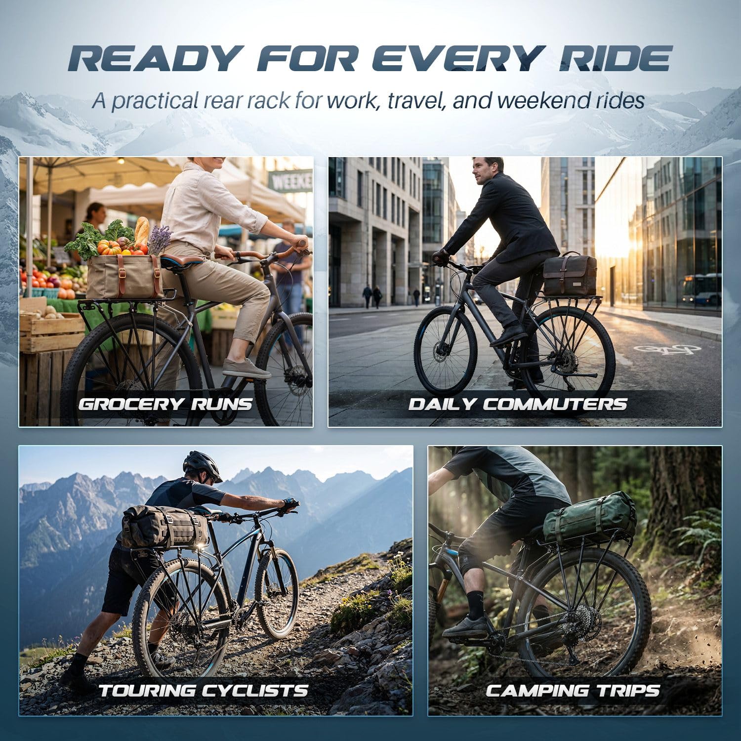 Flexzion Porte-vélo réglable, capacité de 49,9 kg, Noir – Porte-Bagages arrière de vélo, Tige de Selle arrière en Aluminium pour Roues de 66 à 71,1 cm avec matériel Inclus