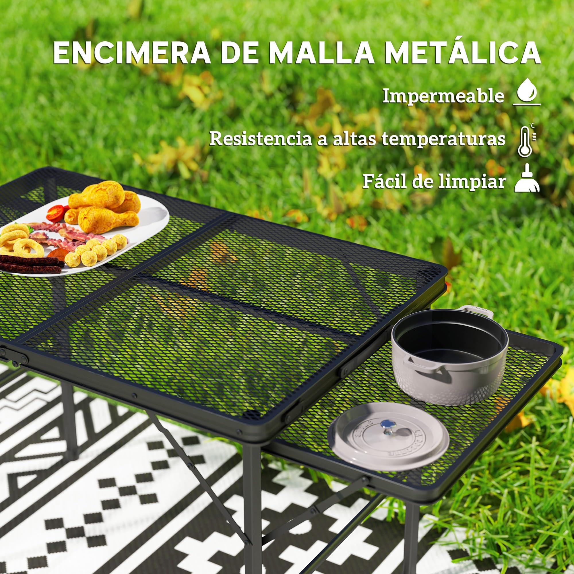 Outsunny Mesa Plegable Camping de Aluminio 137x62x67 cm con Laterales Abatibles y Altura Ajustable Mesa Plegable Portátil Ligera con Encimera Metálica de Rejilla para Acampar Senderismo Playa Negro