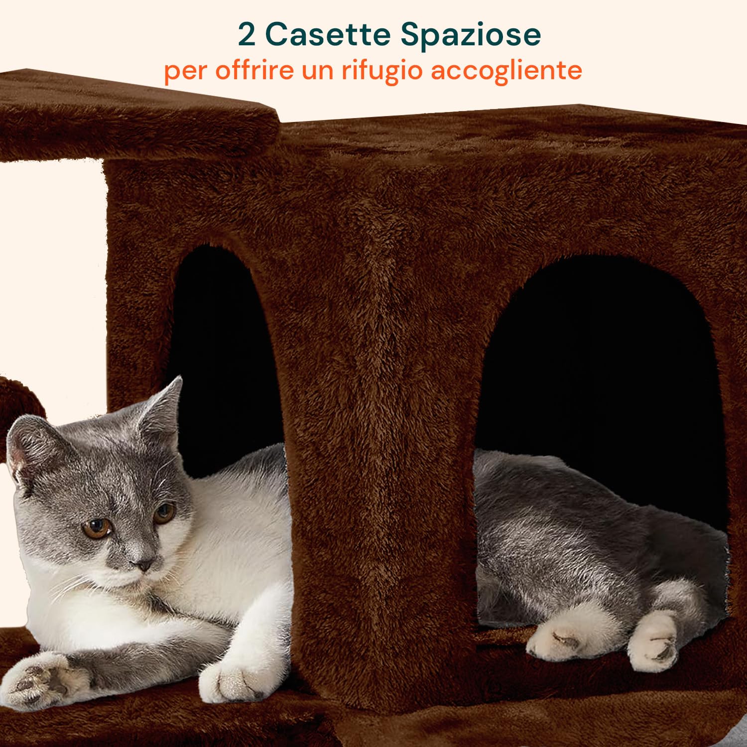 Tiragraffi XXL 170cm con Doppia Cuccia per Gatti Adulti, Albero Giochi in Sisal e Peluche, Piatteforme Relax, Ampio e Sicuro per il Massimo Divertimento dei Gatti Marrone