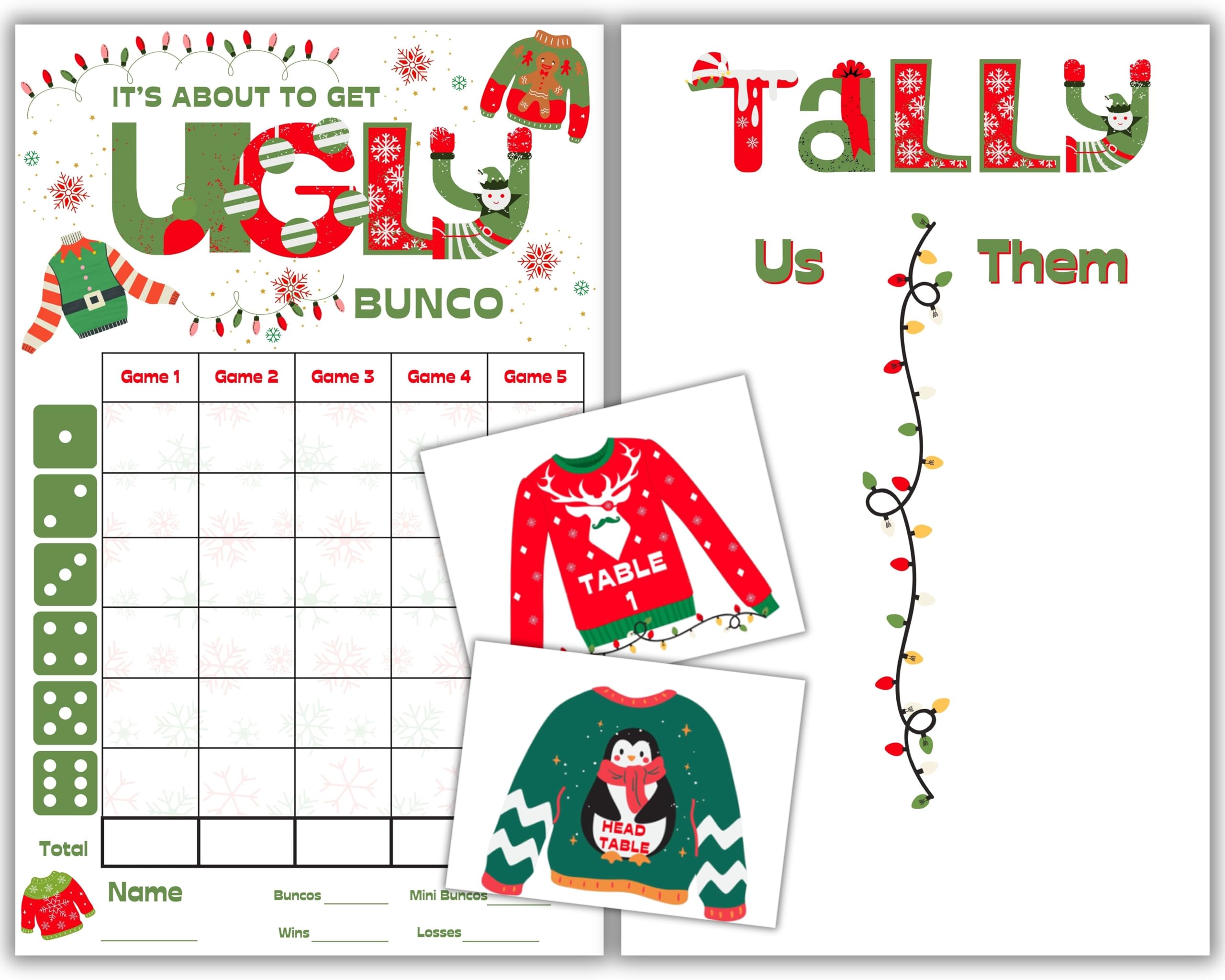 Ugly Sweater Bunco - Christmas Winter Bunco - Bunco Score Sheets - Holiday Themed Bunco - Scorecards - Tally Sheets - Ghost Player - Tacky Bunco - Bunco Game Kit for Game Night Party - Large Group